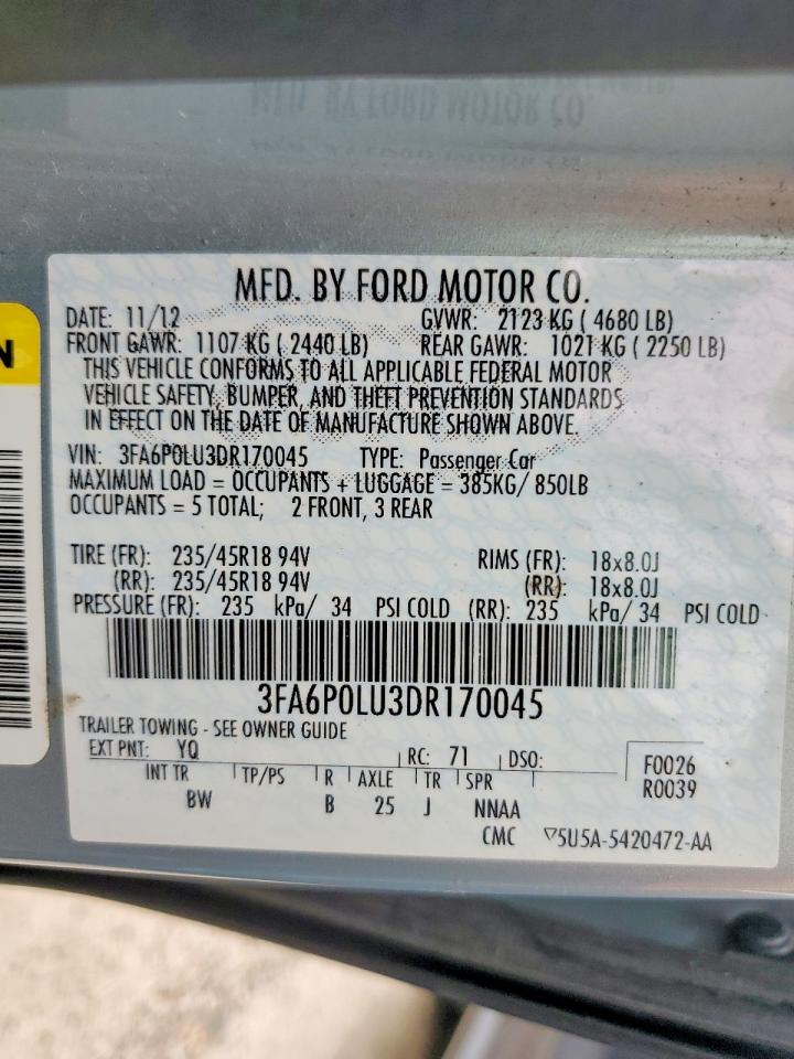 2013 Ford Fusion Se Blue vin: 3FA6P0LU3DR170045