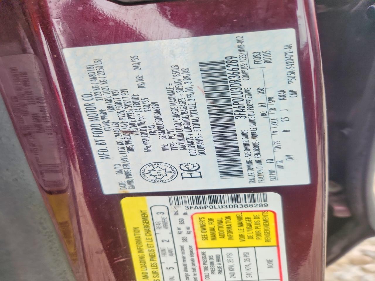2013 Ford Fusion Se Hybrid Burgundy vin: 3FA6P0LU3DR366289