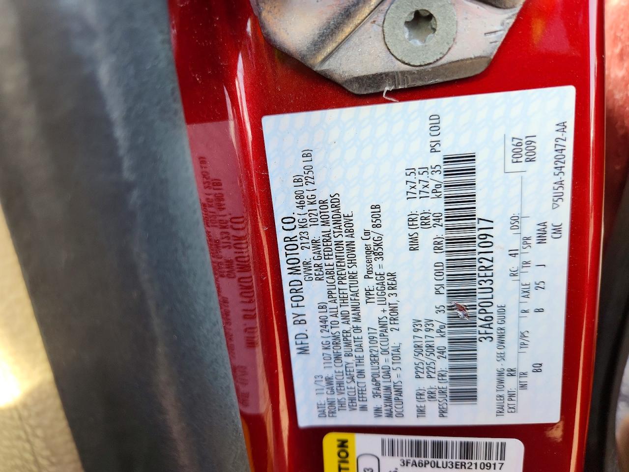 2014 Ford Fusion Se Hybrid Red vin: 3FA6P0LU3ER210917