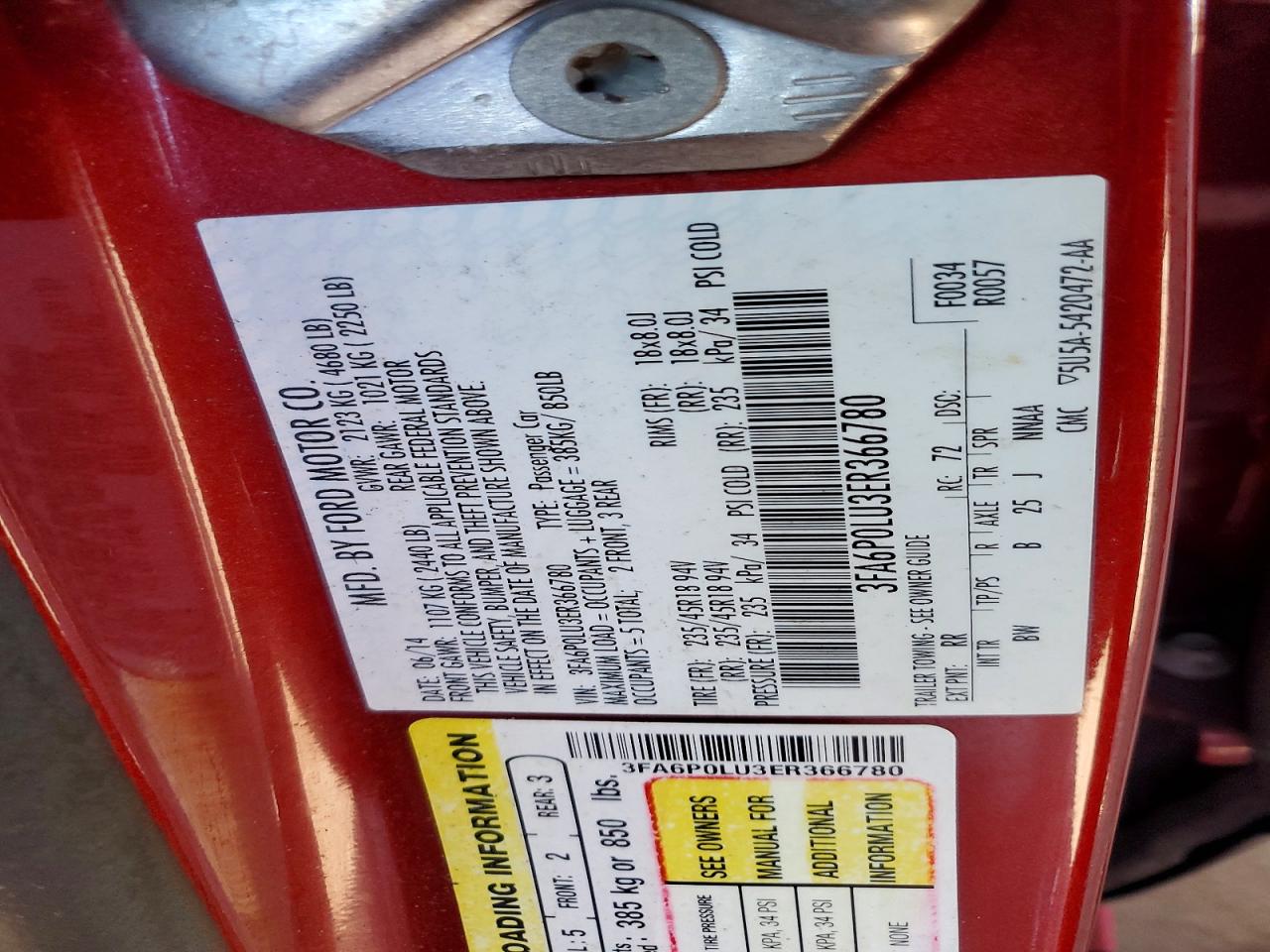 2014 Ford Fusion Se Hybrid Red vin: 3FA6P0LU3ER366780
