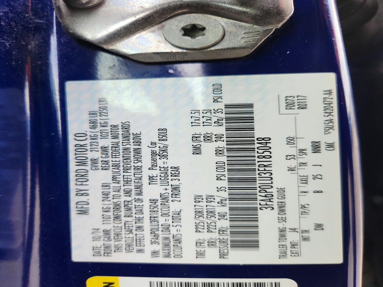 2015 Ford Fusion Se Hybrid Blue vin: 3FA6P0LU3FR185048