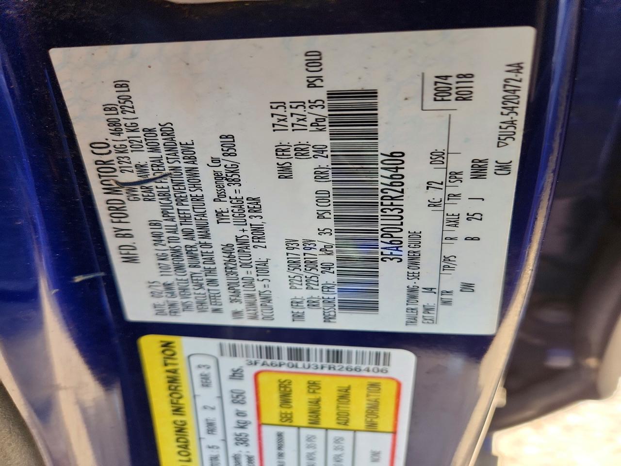 2015 Ford Fusion Se Hybrid Blue vin: 3FA6P0LU3FR266406