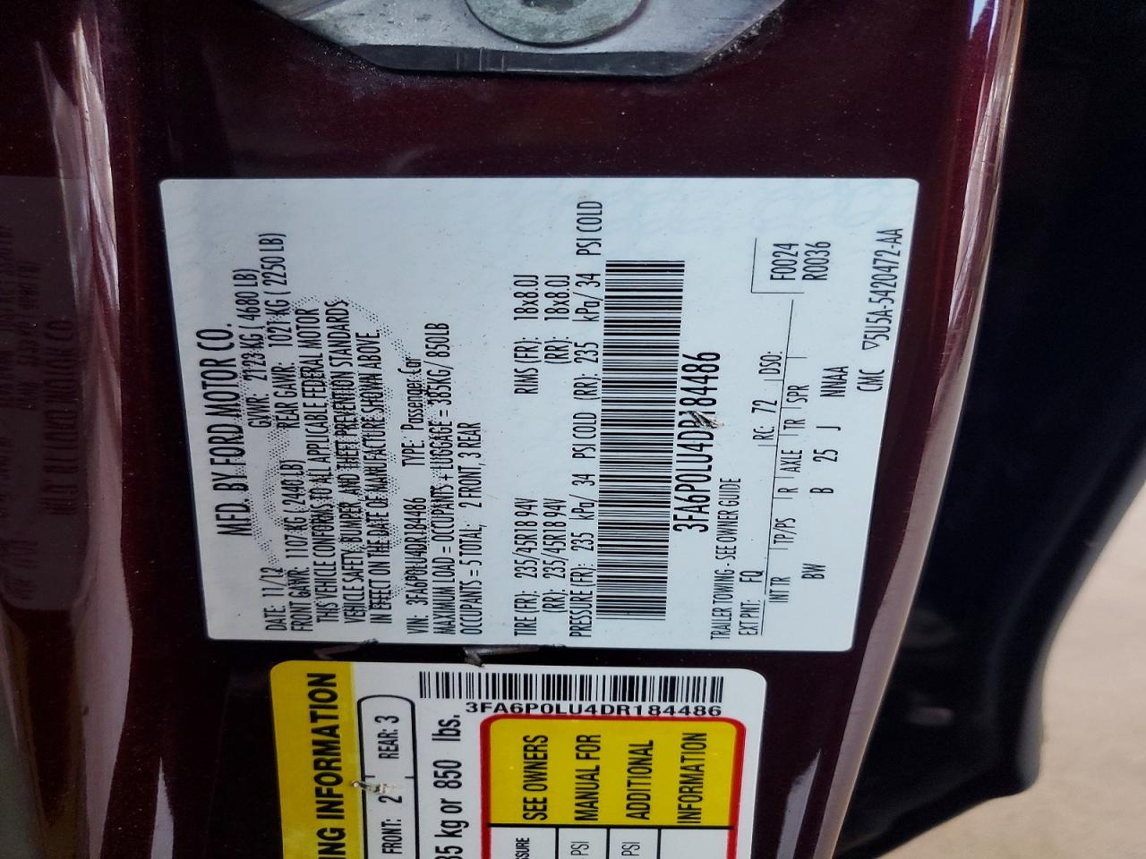 2013 Ford Fusion Se Hybrid Burgundy vin: 3FA6P0LU4DR184486