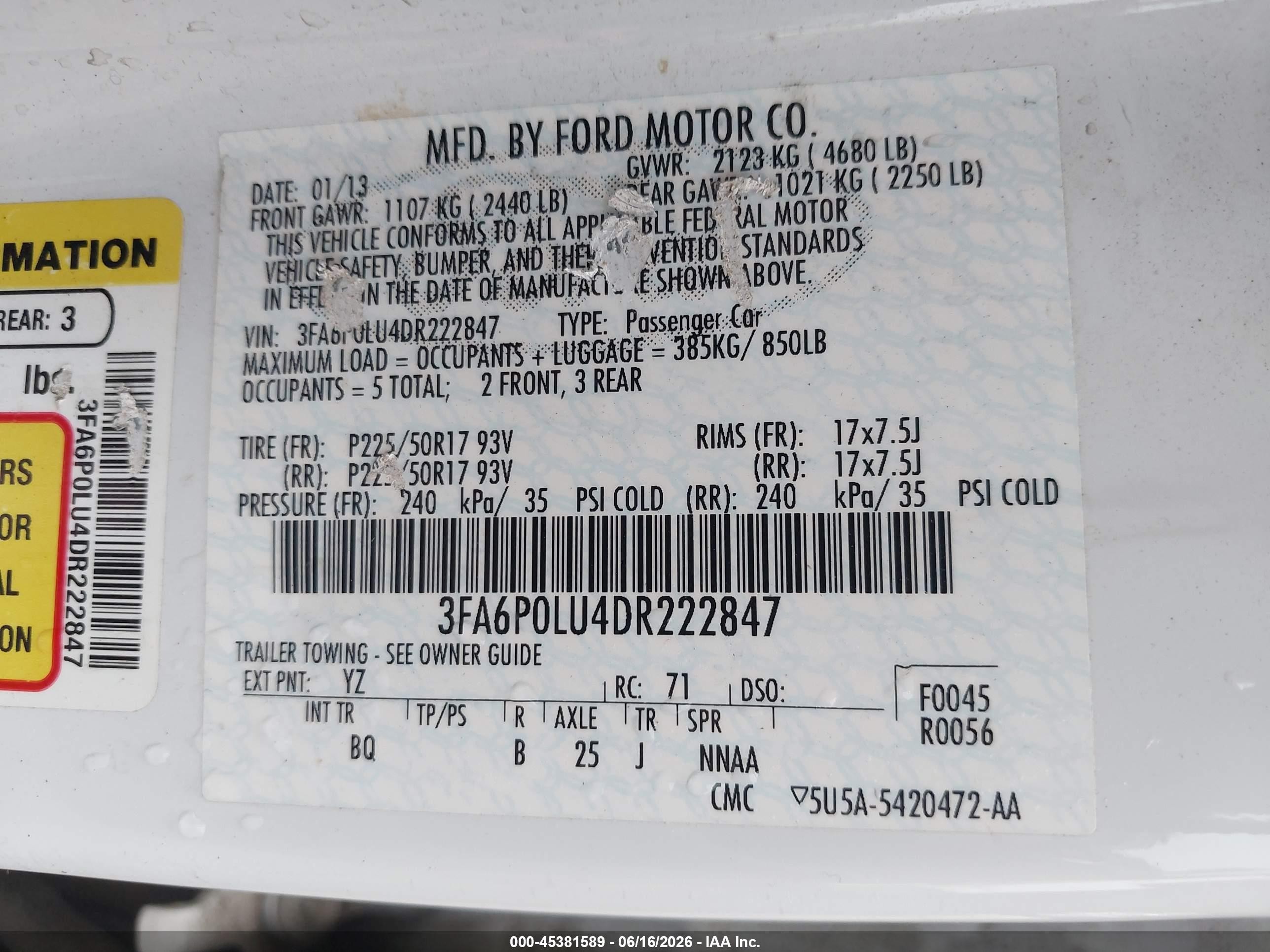 2013 Ford Fusion Hybrid Se White vin: 3FA6P0LU4DR222847