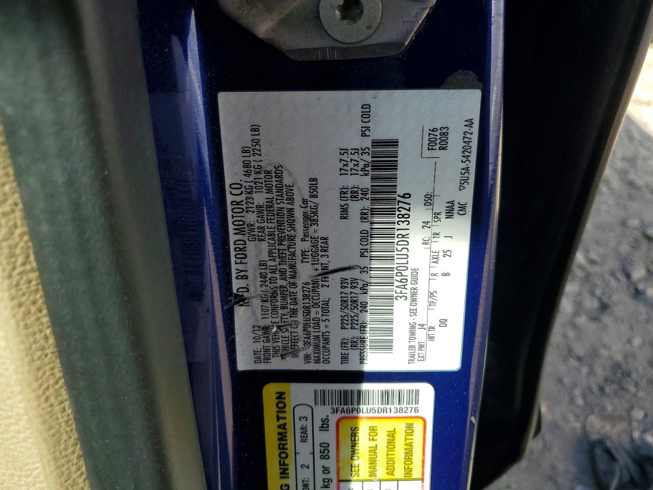 2013 Ford Fusion Se Hybrid Blue vin: 3FA6P0LU5DR138276