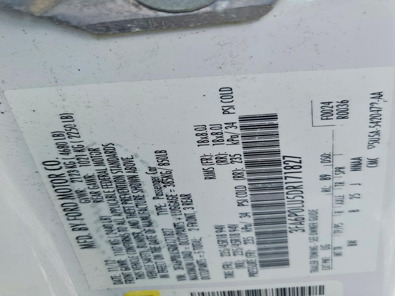 2013 Ford Fusion Se Hybrid White vin: 3FA6P0LU5DR171827