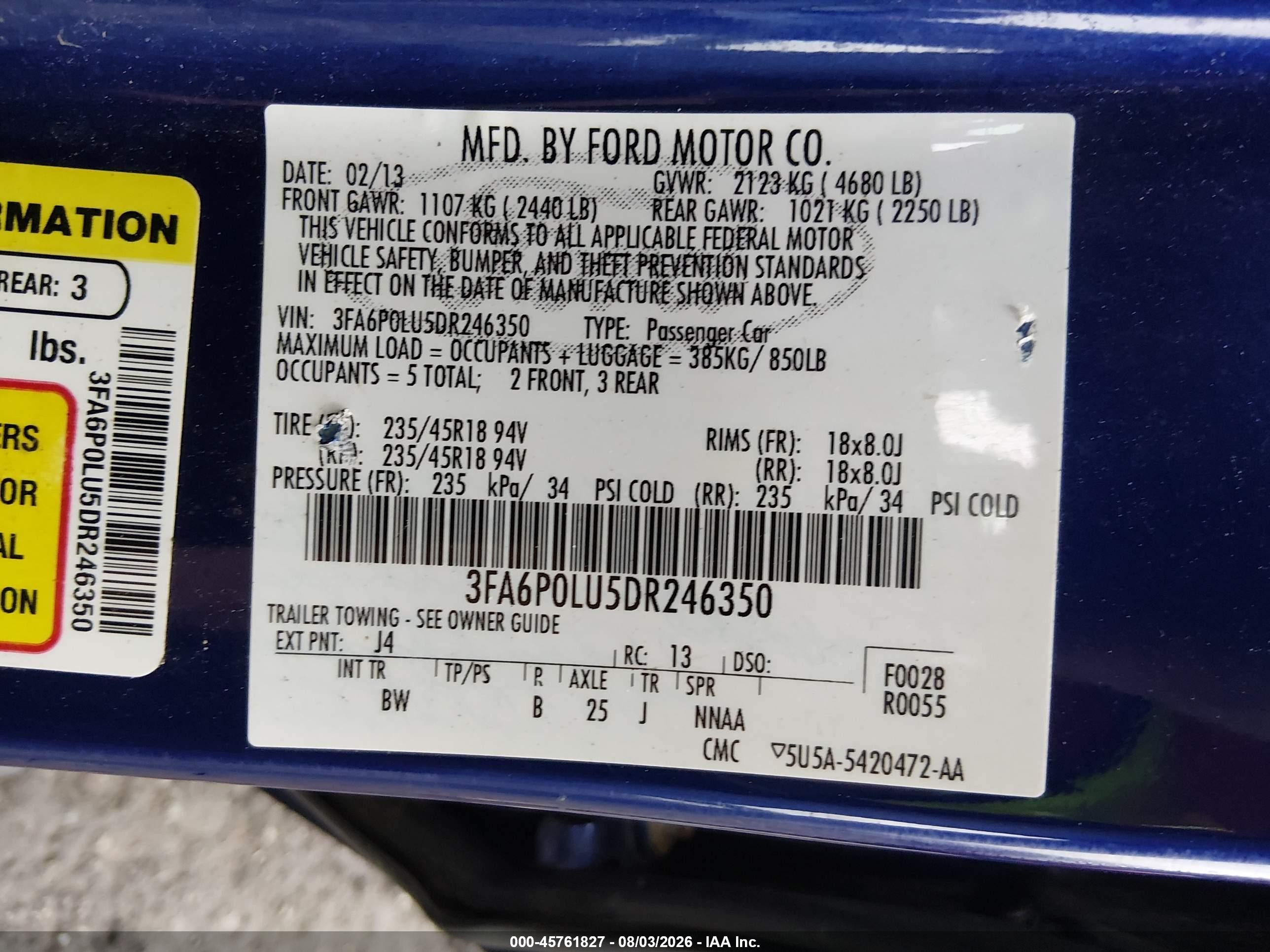 2013 Ford Fusion Hybrid Se Blue vin: 3FA6P0LU5DR246350