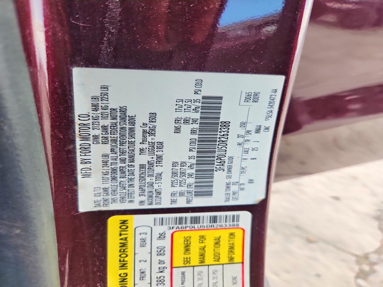 2013 Ford Fusion Se Hybrid Burgundy vin: 3FA6P0LU5DR263388