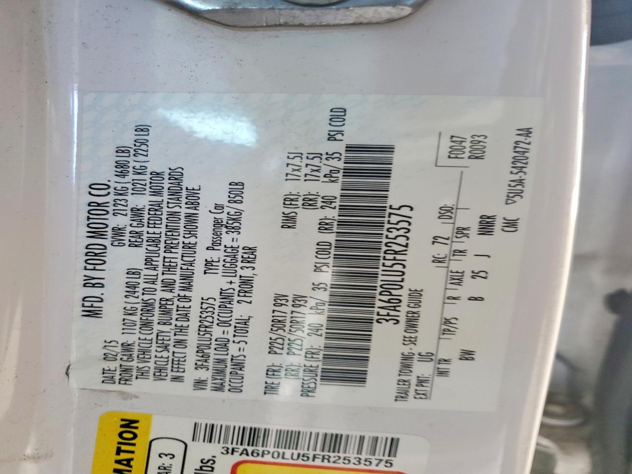 2015 Ford Fusion Se Hybrid White vin: 3FA6P0LU5FR253575