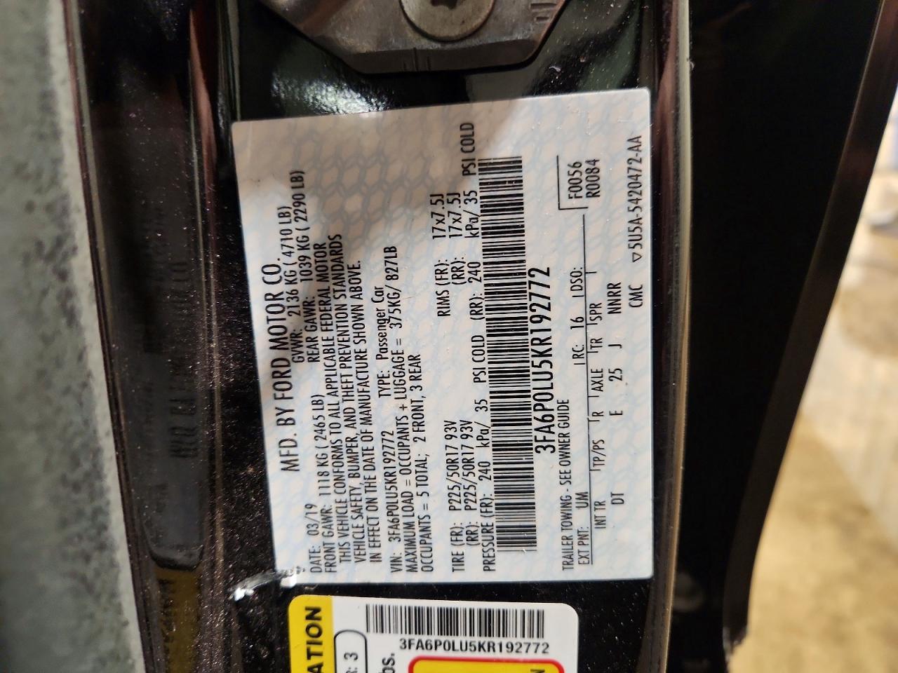2019 Ford Fusion Se Black vin: 3FA6P0LU5KR192772