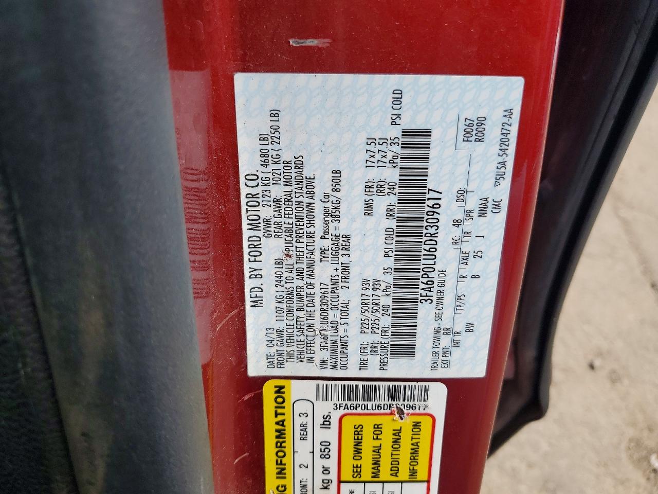 2013 Ford Fusion Se Hybrid Burgundy vin: 3FA6P0LU6DR309617