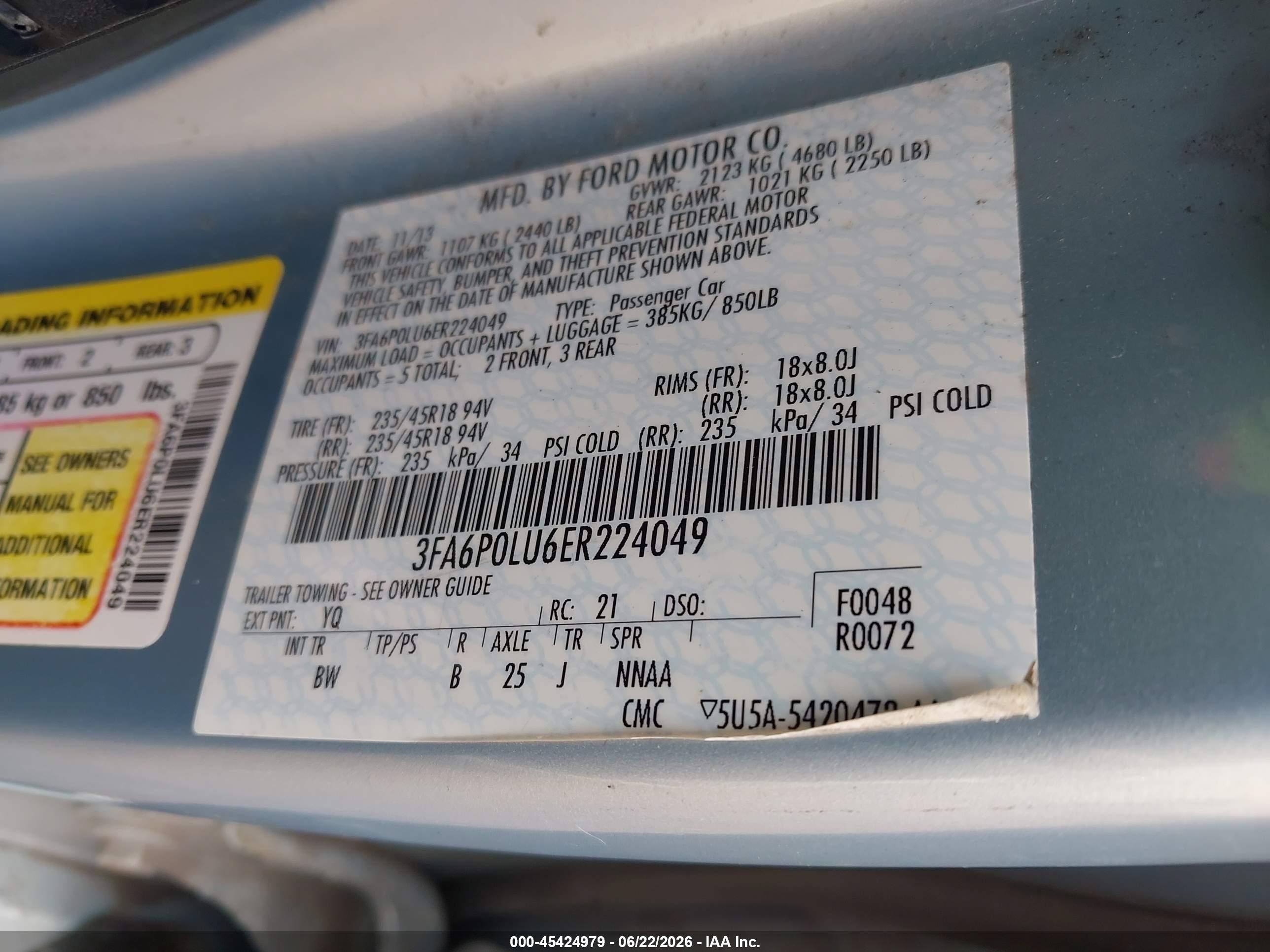 2014 Ford Fusion Hybrid Se Teal vin: 3FA6P0LU6ER224049