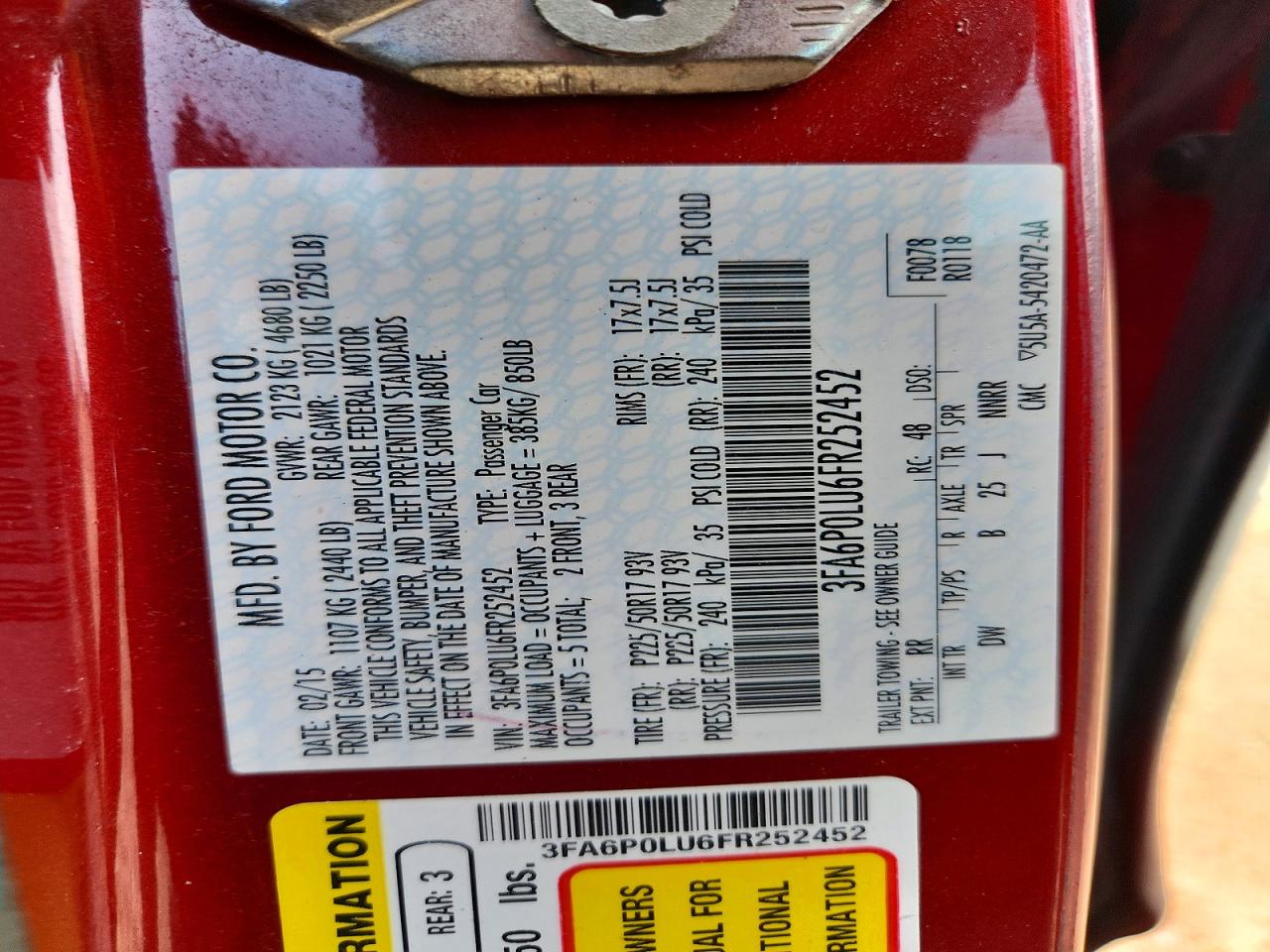 2015 Ford Fusion Se Hybrid Red vin: 3FA6P0LU6FR252452