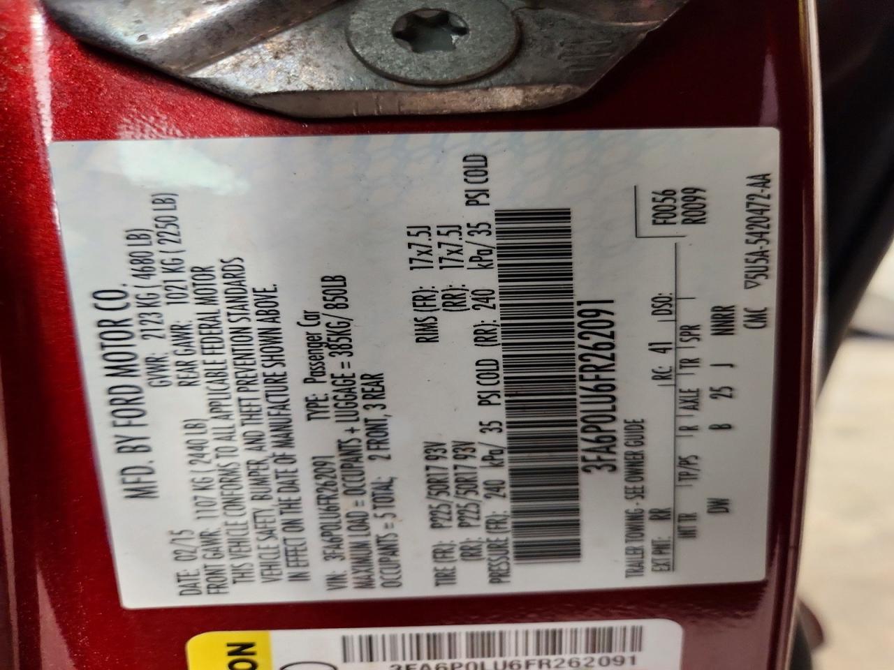 2015 Ford Fusion Se Hybrid Red vin: 3FA6P0LU6FR262091