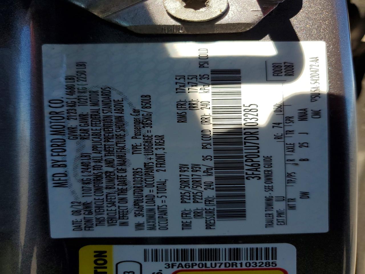 2013 Ford Fusion Se Hybrid Charcoal vin: 3FA6P0LU7DR103285
