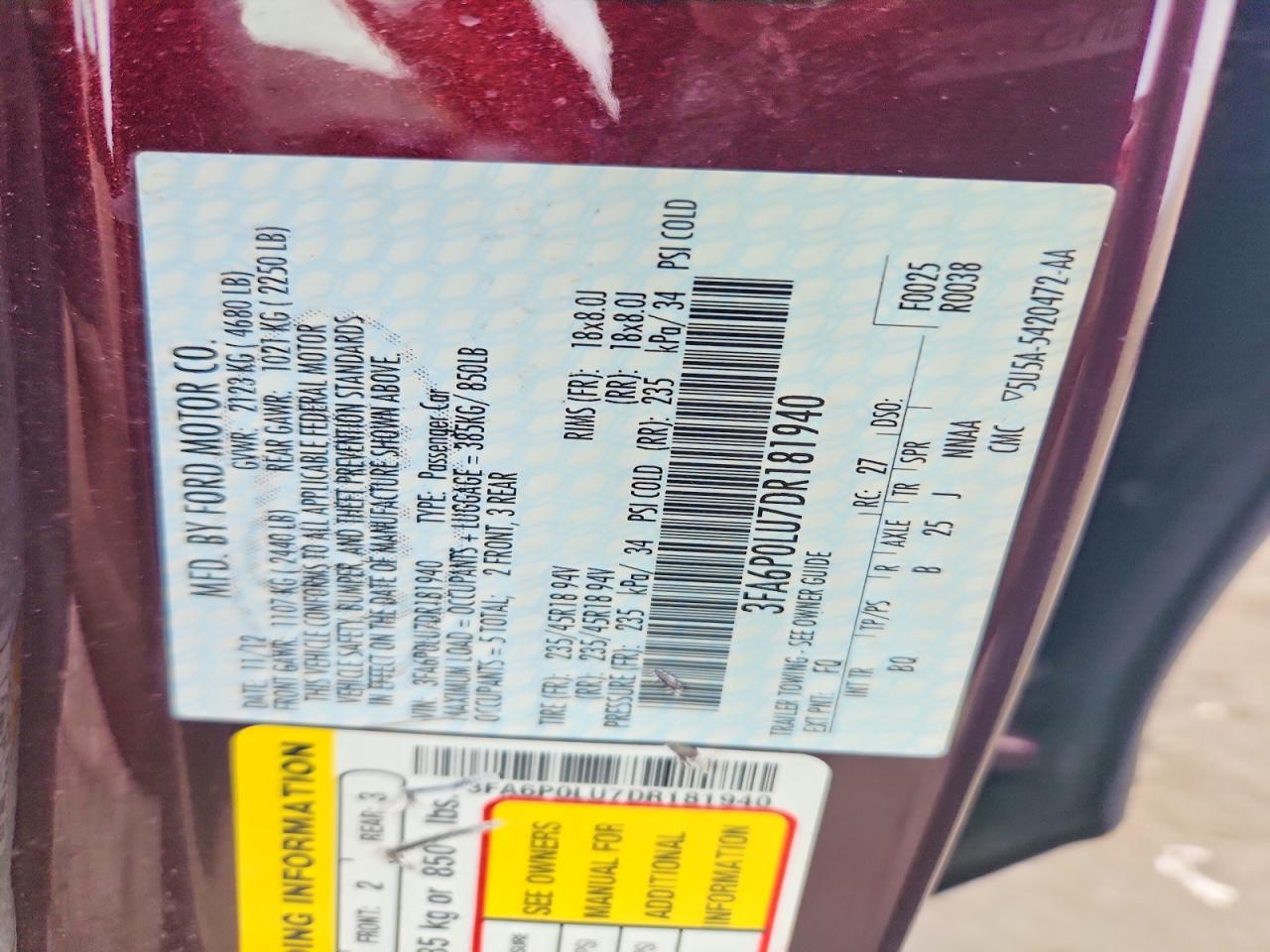 2013 Ford Fusion Se Hybrid Бордовый vin: 3FA6P0LU7DR181940