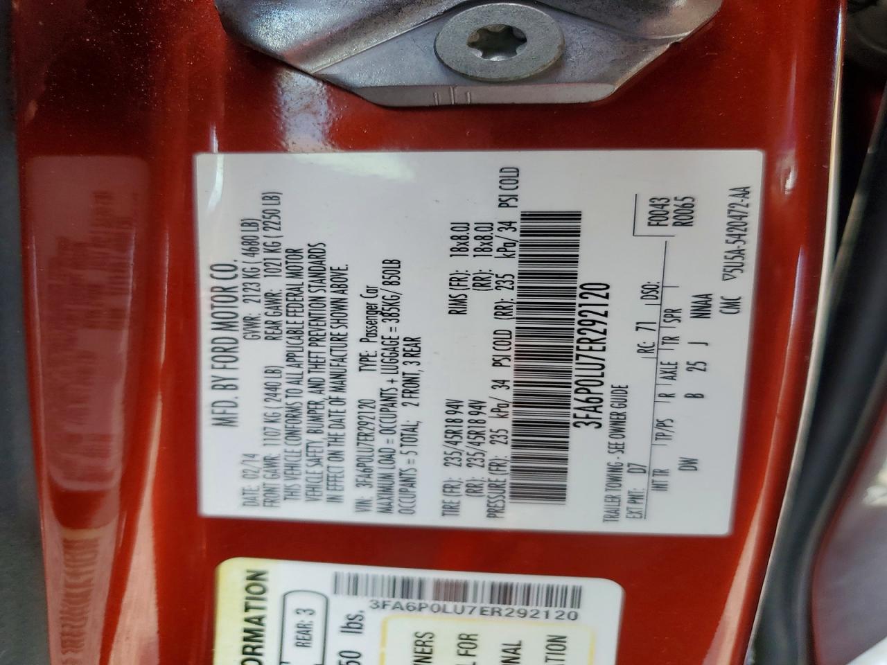 2014 Ford Fusion Se Hybrid Red vin: 3FA6P0LU7ER292120