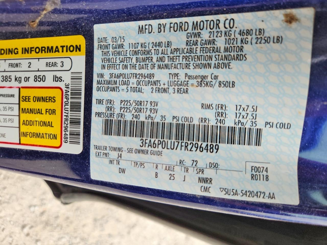 2015 Ford Fusion Se Hybrid Blue vin: 3FA6P0LU7FR296489