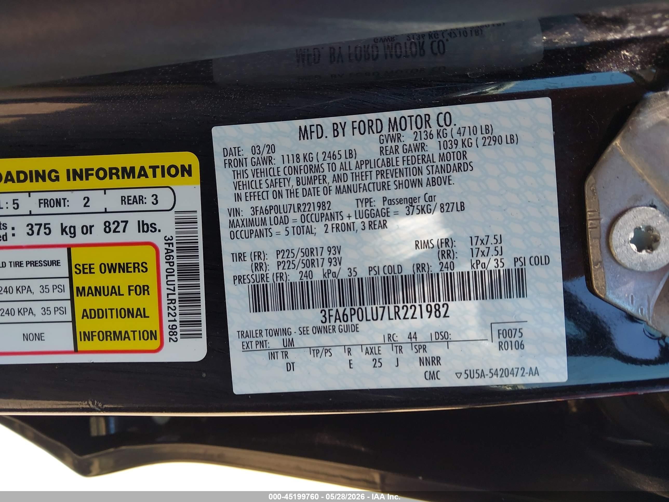 2020 Ford Fusion Hybrid Se Black vin: 3FA6P0LU7LR221982