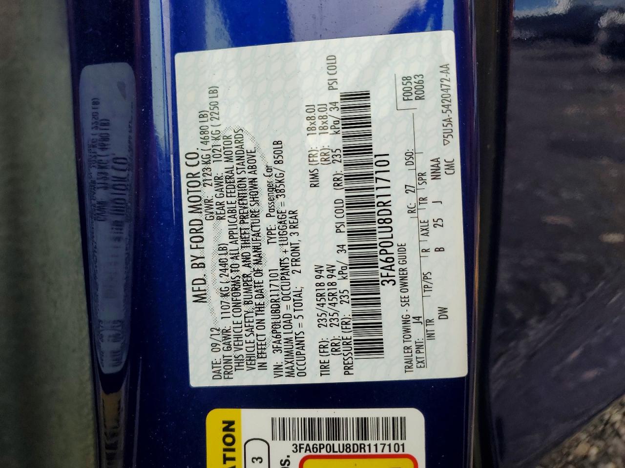 2013 Ford Fusion Se Hybrid Blue vin: 3FA6P0LU8DR117101