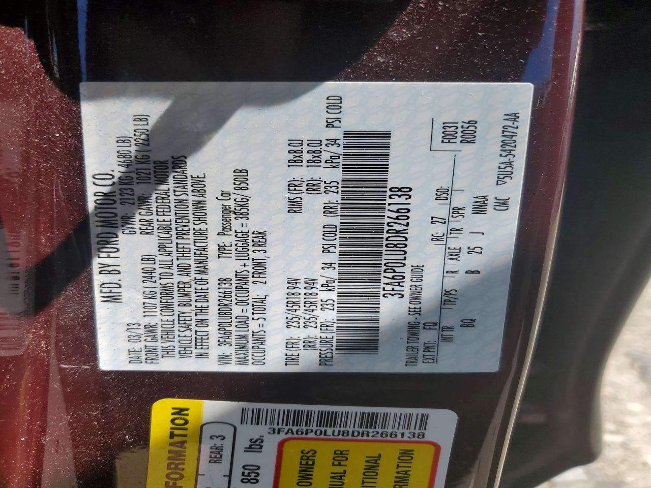 2013 Ford Fusion Se Hybrid Burgundy vin: 3FA6P0LU8DR266138