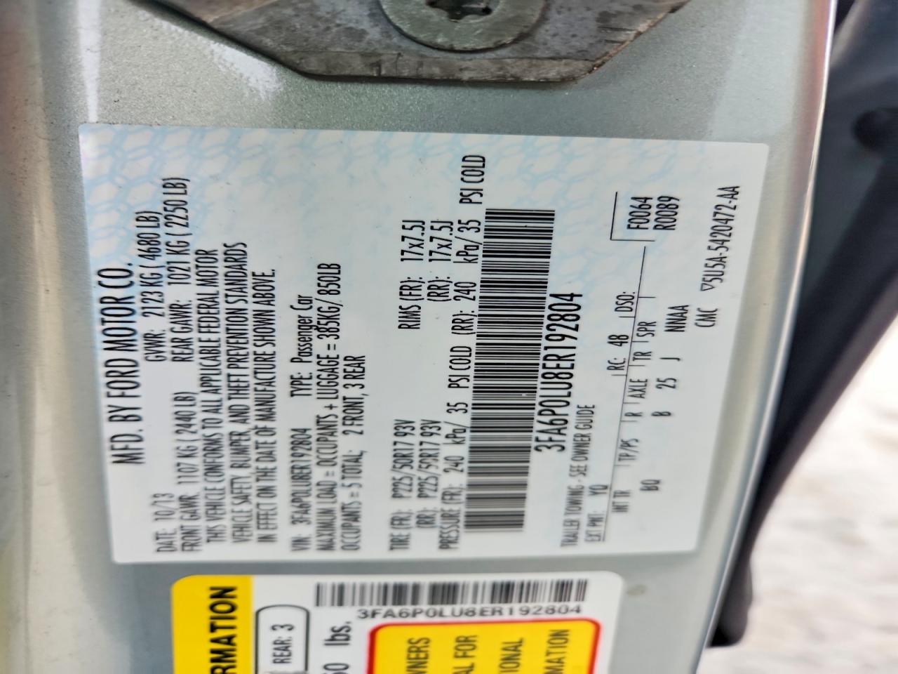 2014 Ford Fusion Se Hybrid Turquoise vin: 3FA6P0LU8ER192804