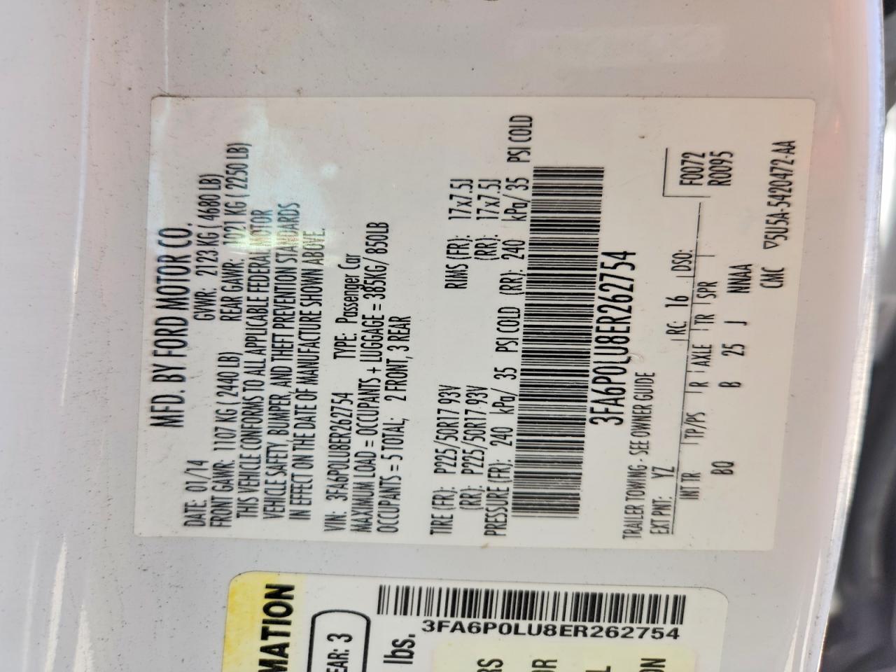 2014 Ford Fusion Se Hybrid White vin: 3FA6P0LU8ER262754