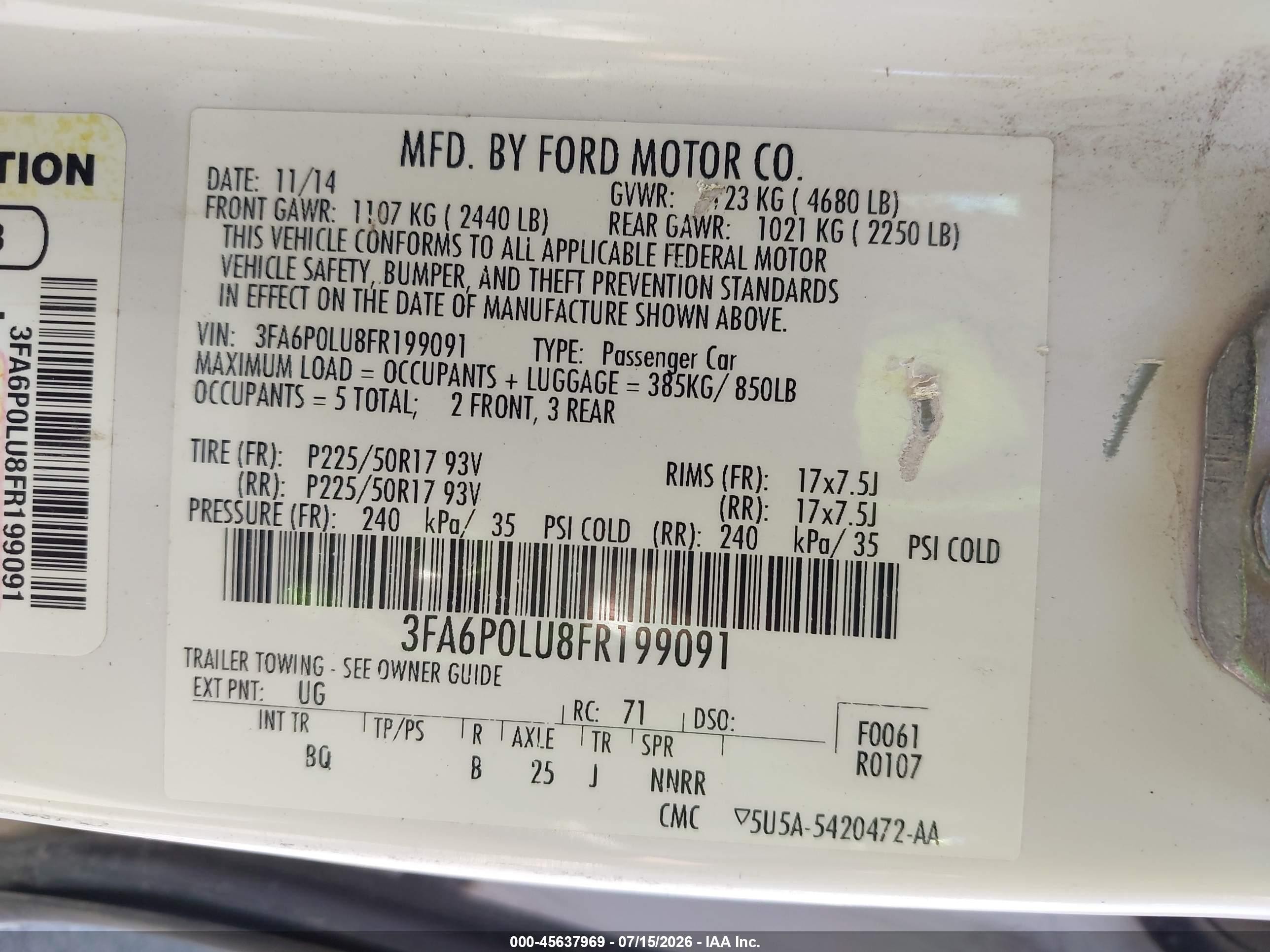 2015 Ford Fusion Hybrid Se White vin: 3FA6P0LU8FR199091