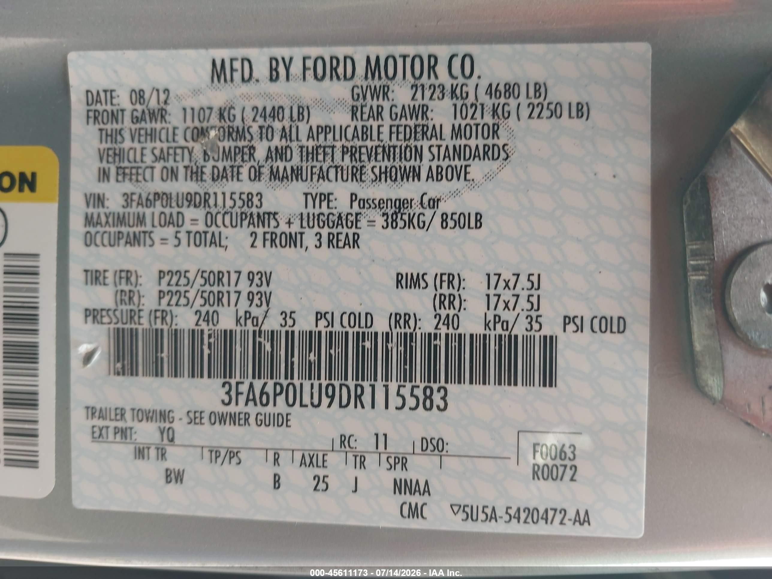 2013 Ford Fusion Hybrid Se Turquoise vin: 3FA6P0LU9DR115583