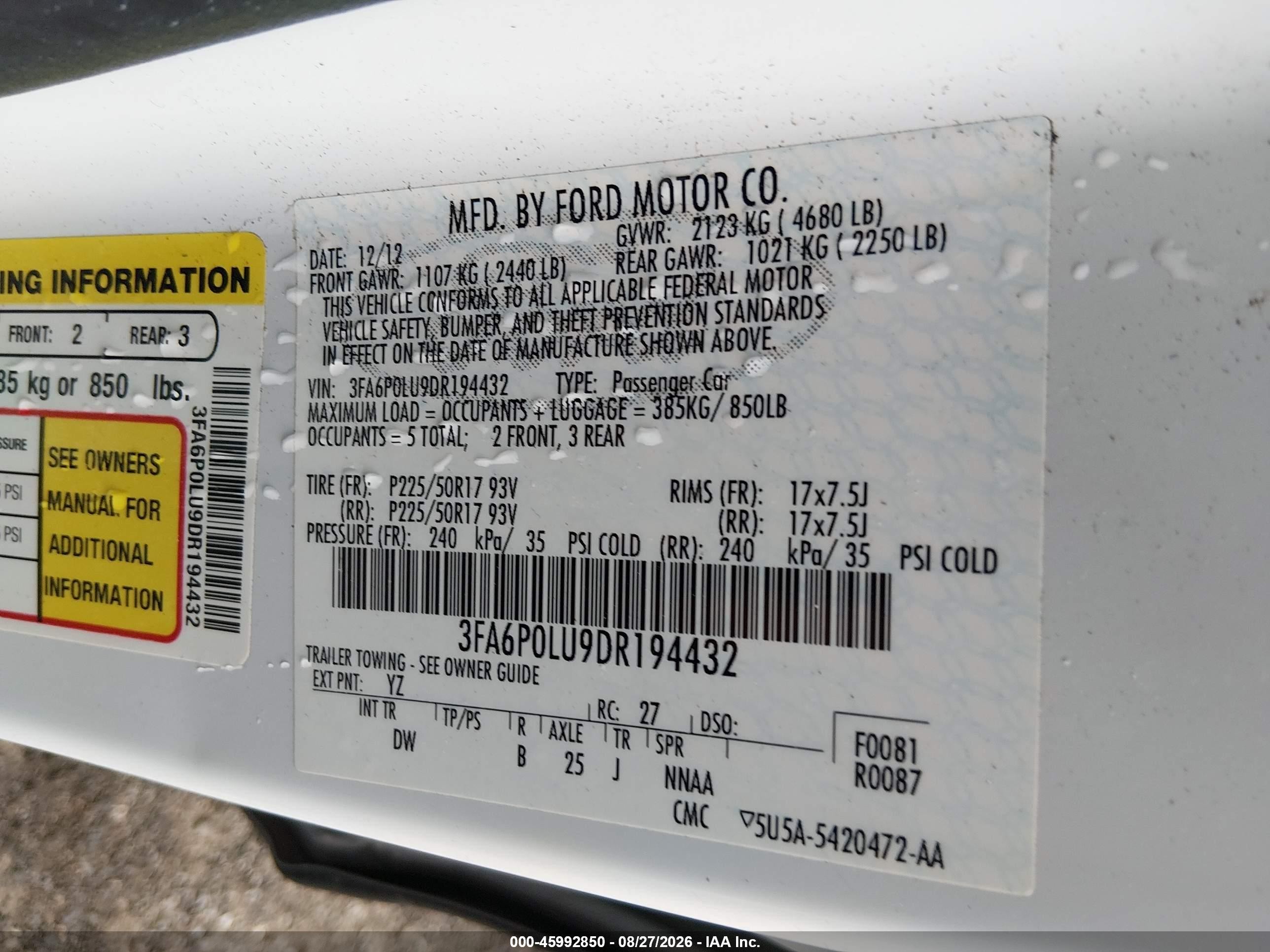 2013 Ford Fusion Hybrid Se White vin: 3FA6P0LU9DR194432