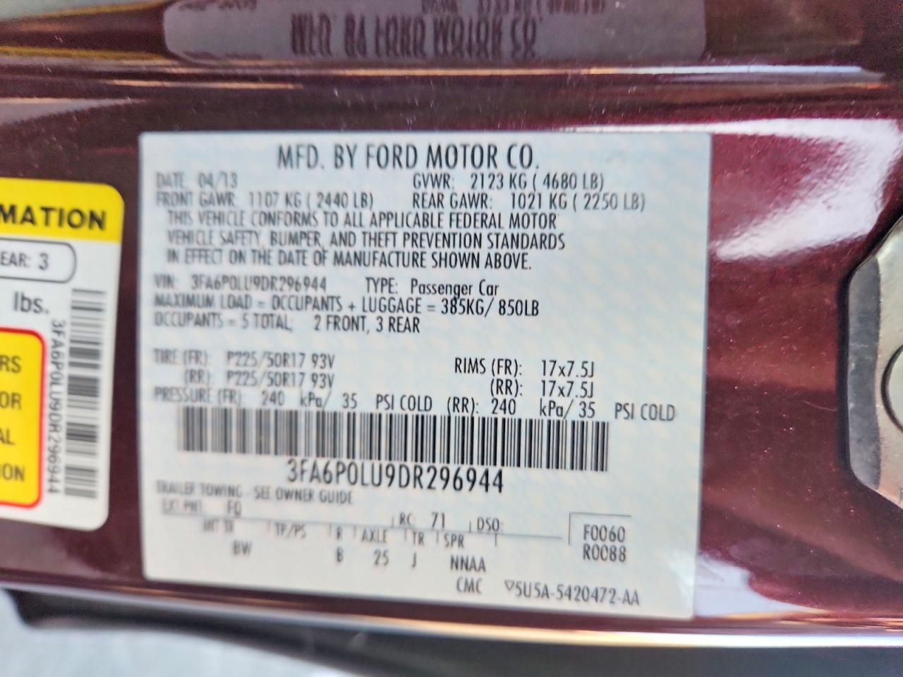 2013 Ford Fusion Se Hybrid Burgundy vin: 3FA6P0LU9DR296944