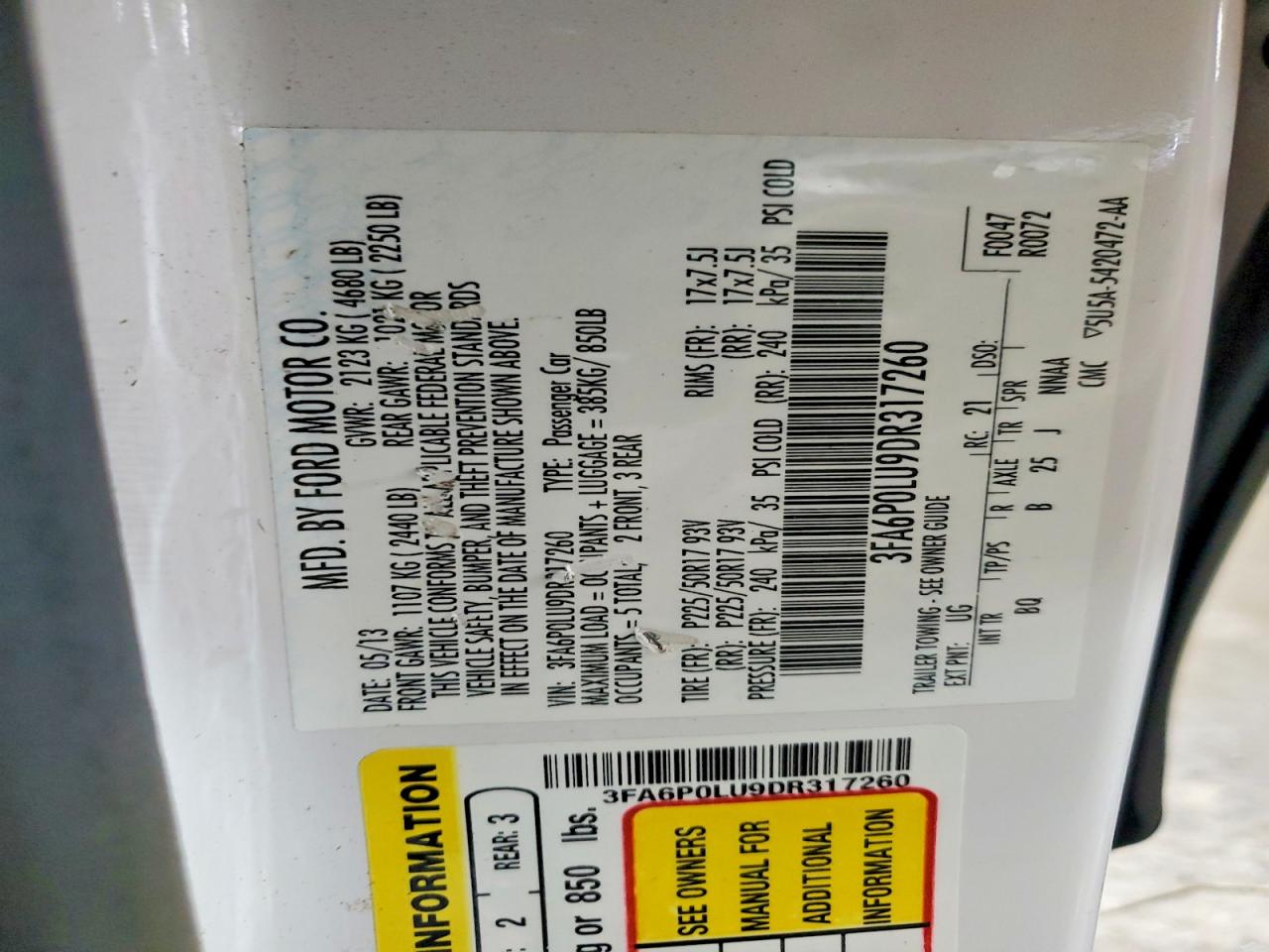 2013 Ford Fusion Se Hybrid White vin: 3FA6P0LU9DR317260