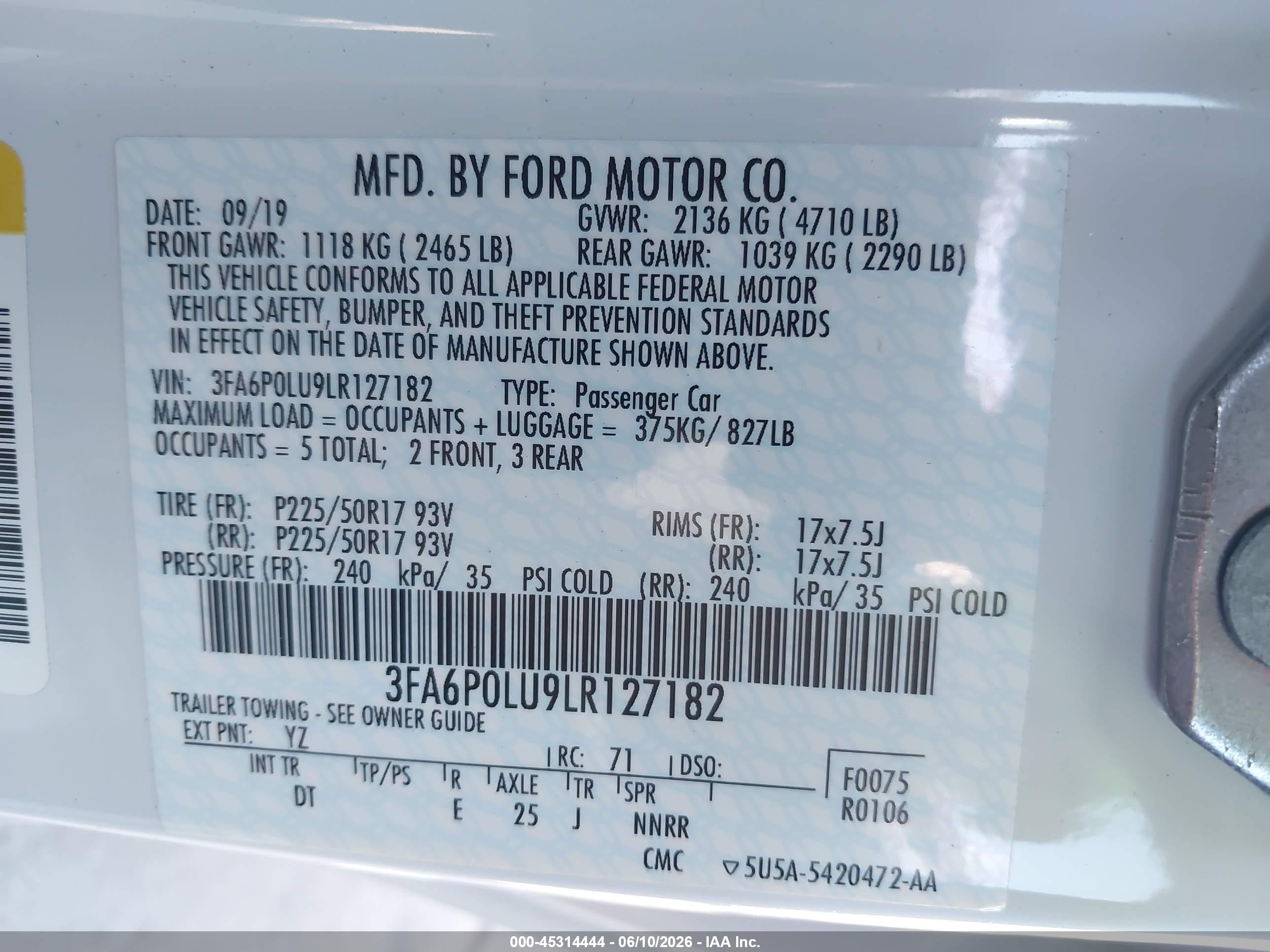 2020 Ford Fusion Hybrid Se White vin: 3FA6P0LU9LR127182
