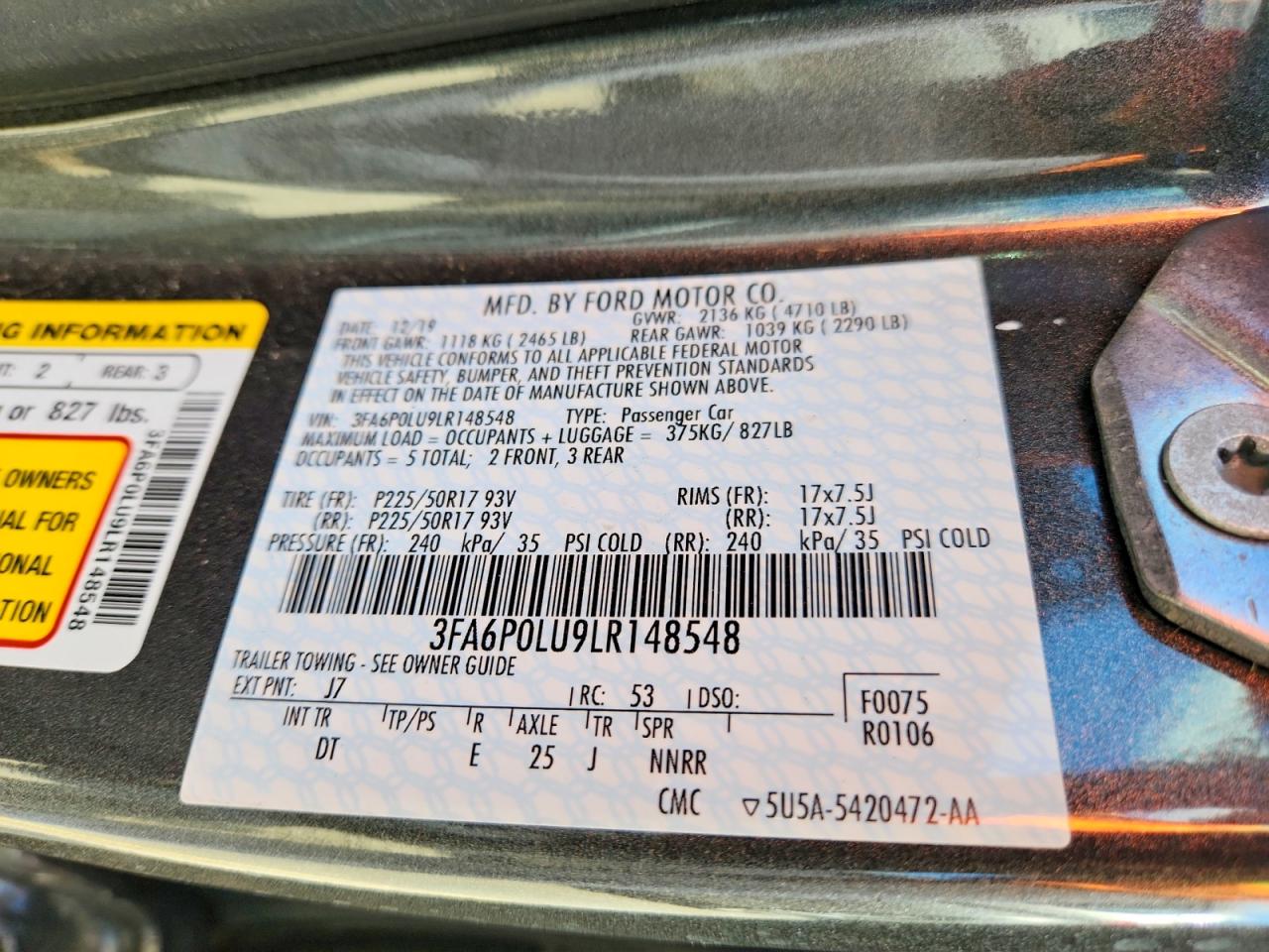 2020 Ford Fusion Black vin: 3FA6P0LU9LR148548