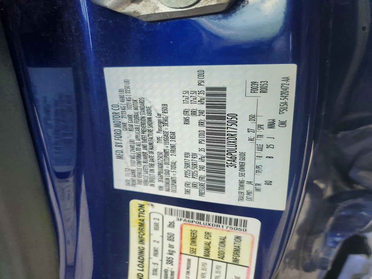 2013 Ford Fusion Se Hybrid Blue vin: 3FA6P0LUXDR175050