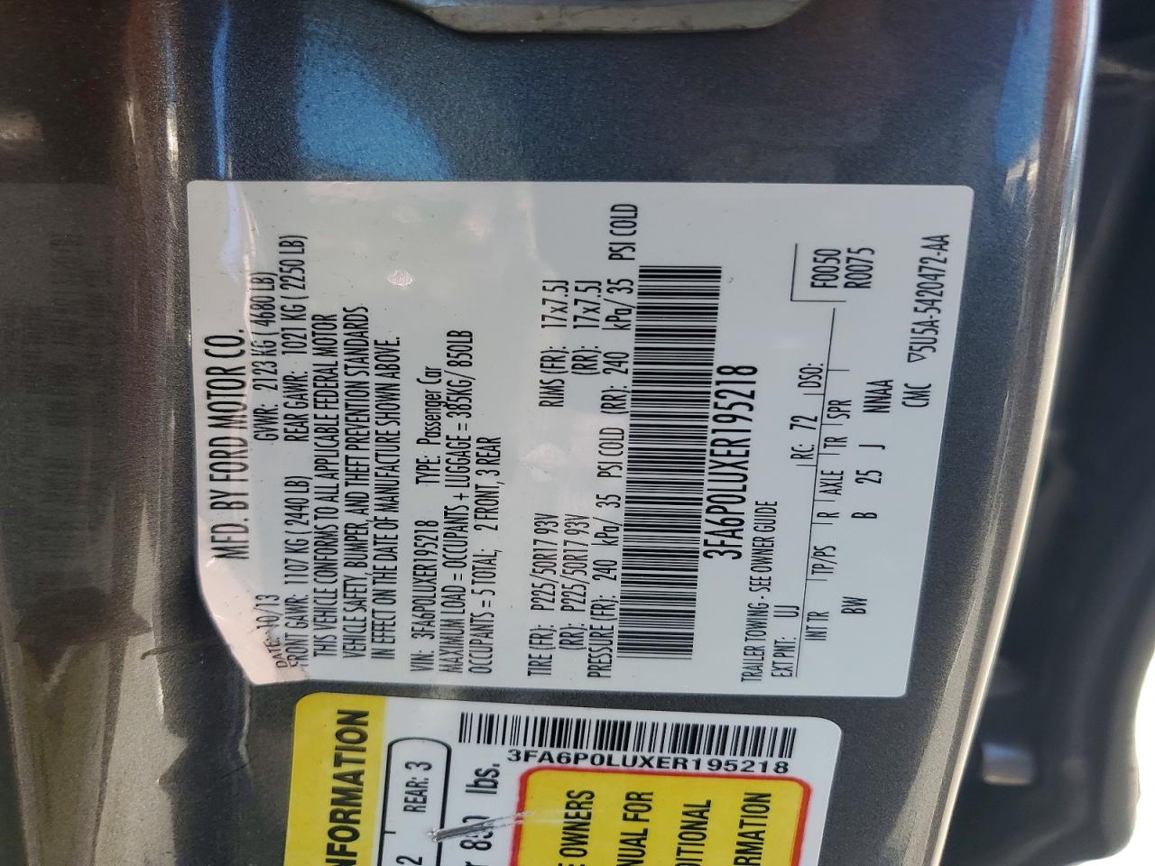 2014 Ford Fusion Se Hybrid Угольный vin: 3FA6P0LUXER195218