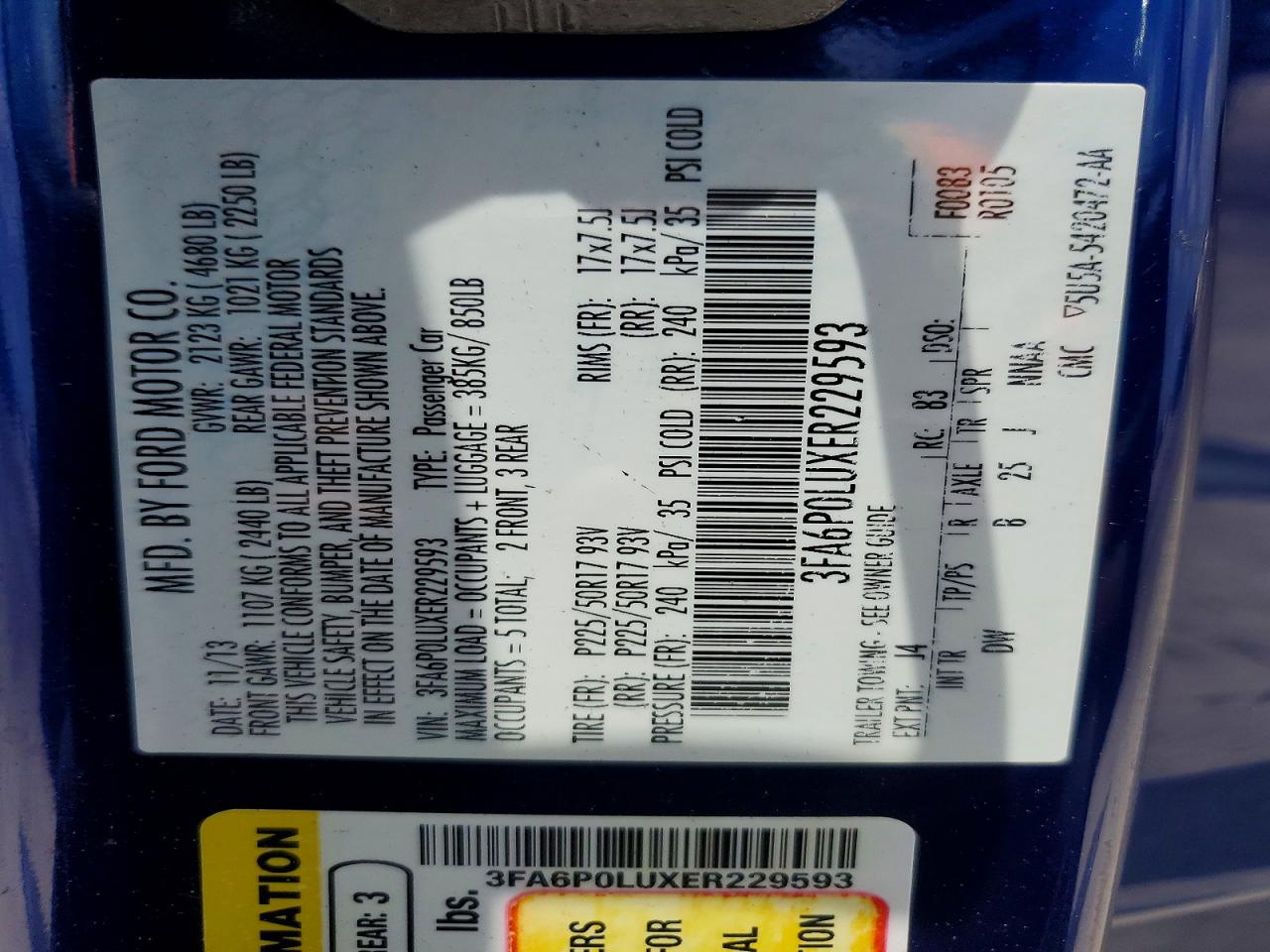 2014 Ford Fusion Se Hybrid Blue vin: 3FA6P0LUXER229593