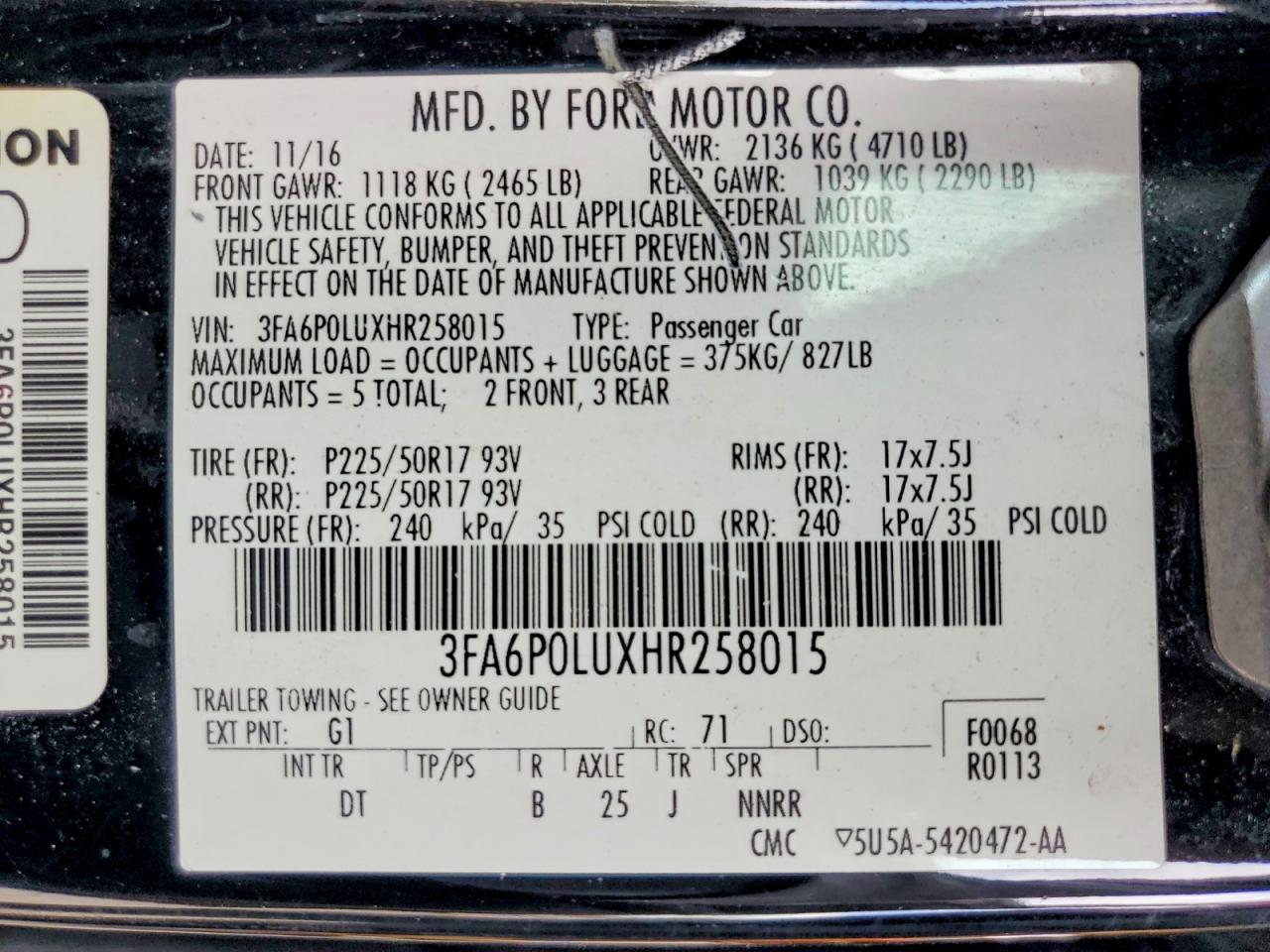 2017 Ford Fusion Se Hybrid Black vin: 3FA6P0LUXHR258015