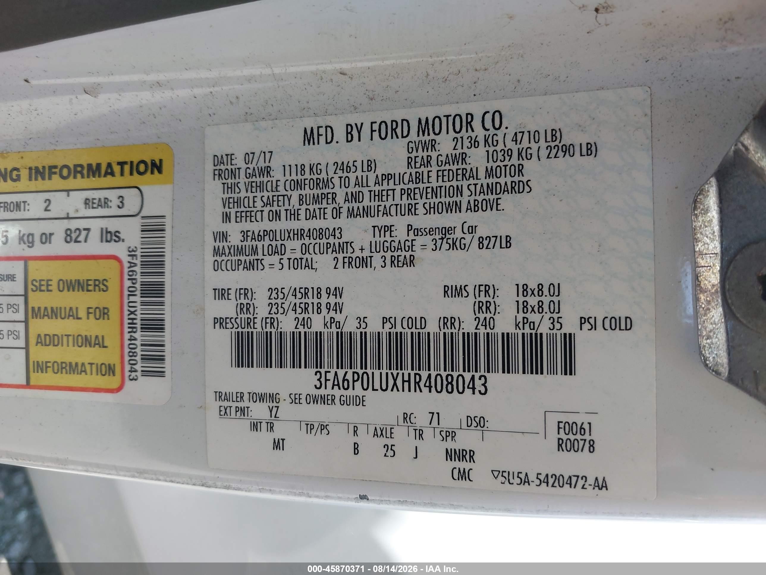 2017 Ford Fusion Hybrid Se White vin: 3FA6P0LUXHR408043