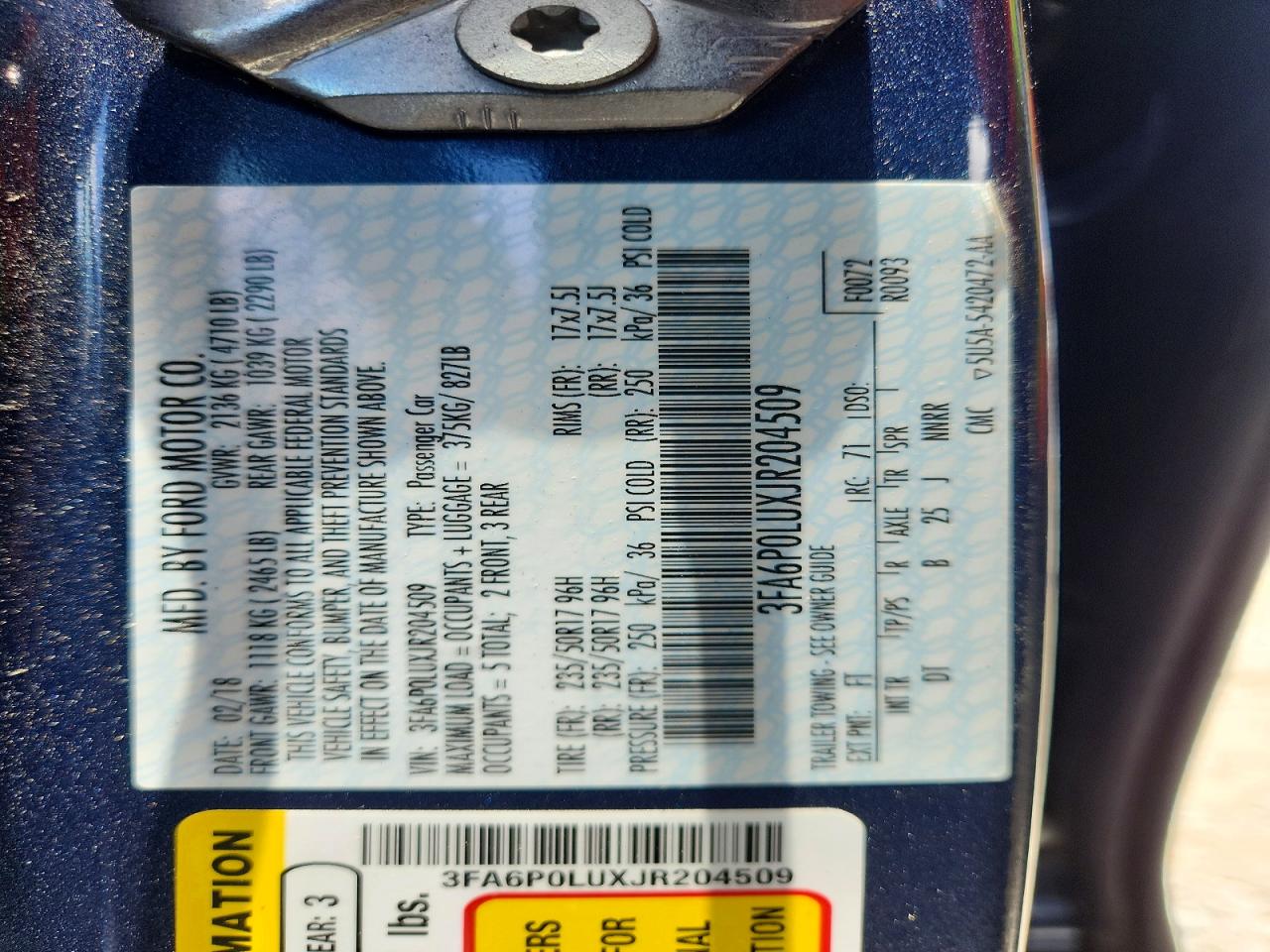 2018 Ford Fusion Se Hybrid Blue vin: 3FA6P0LUXJR204509