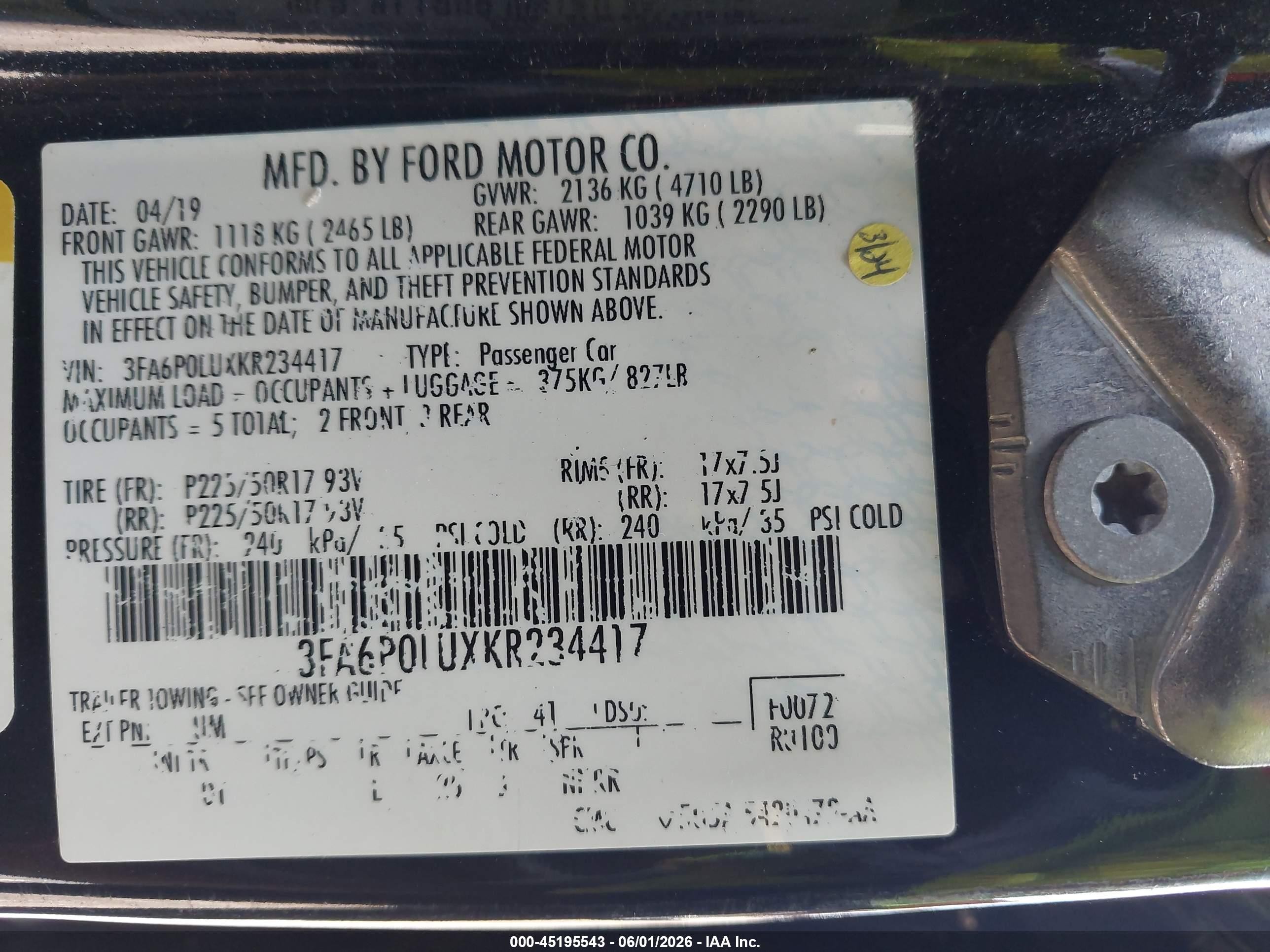 2019 Ford Fusion Hybrid Se Black vin: 3FA6P0LUXKR234417