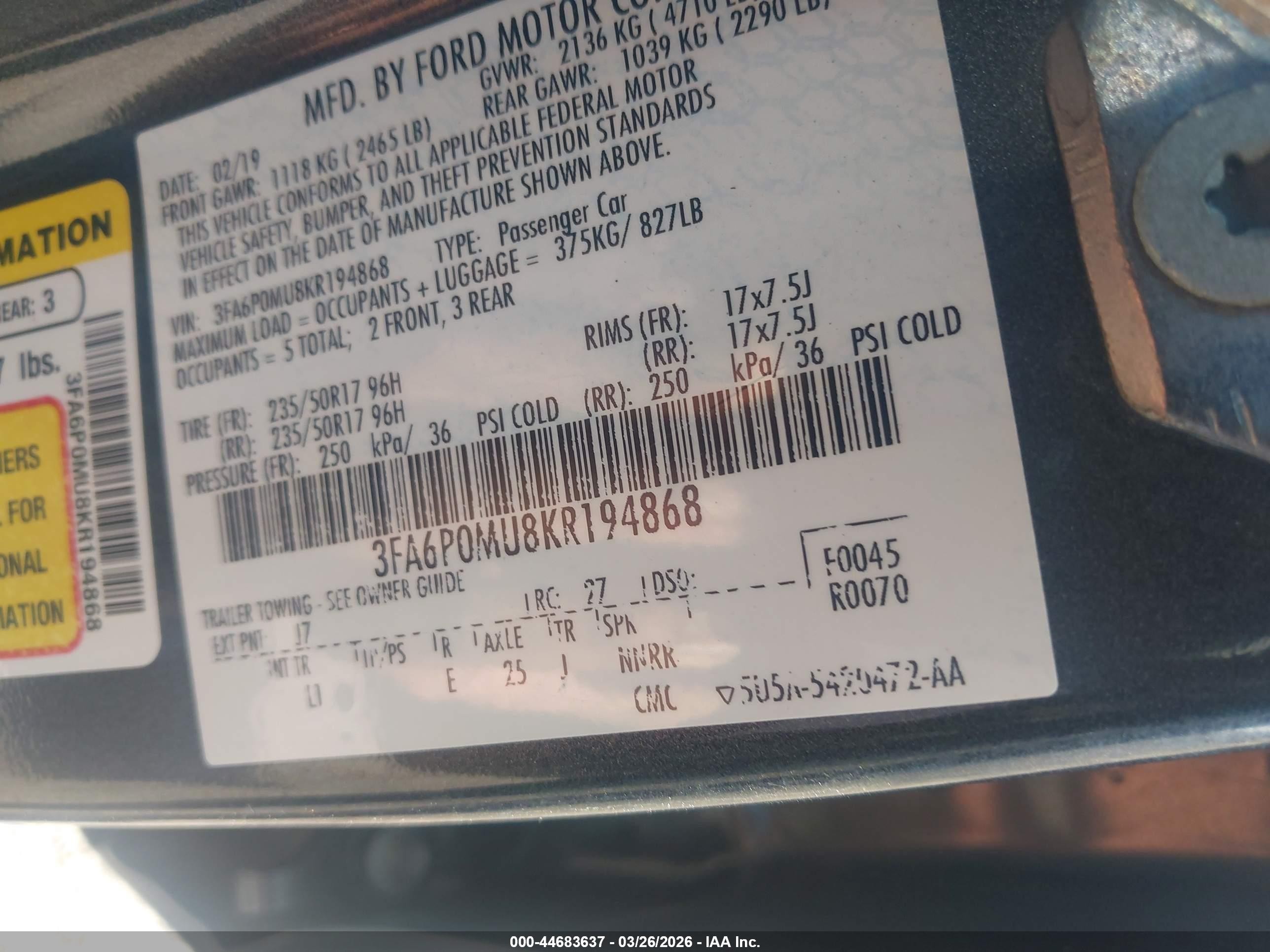 2019 Ford Fusion Hybrid Sel Gray vin: 3FA6P0MU8KR194868