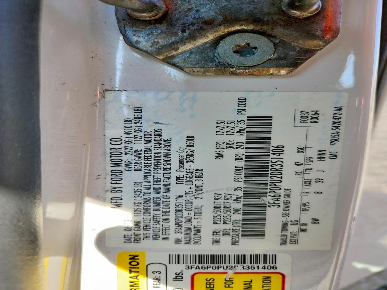 2013 Ford Fusion Se Phev Cream vin: 3FA6P0PU2DR351406