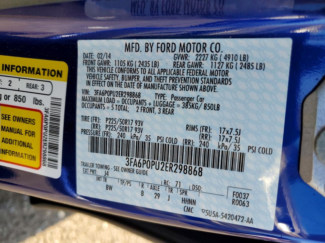 2014 Ford Fusion Se Phev Blue vin: 3FA6P0PU2ER298868