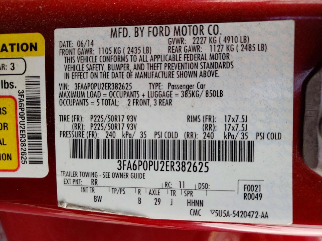 2014 Ford Fusion Se Phev Red vin: 3FA6P0PU2ER382625