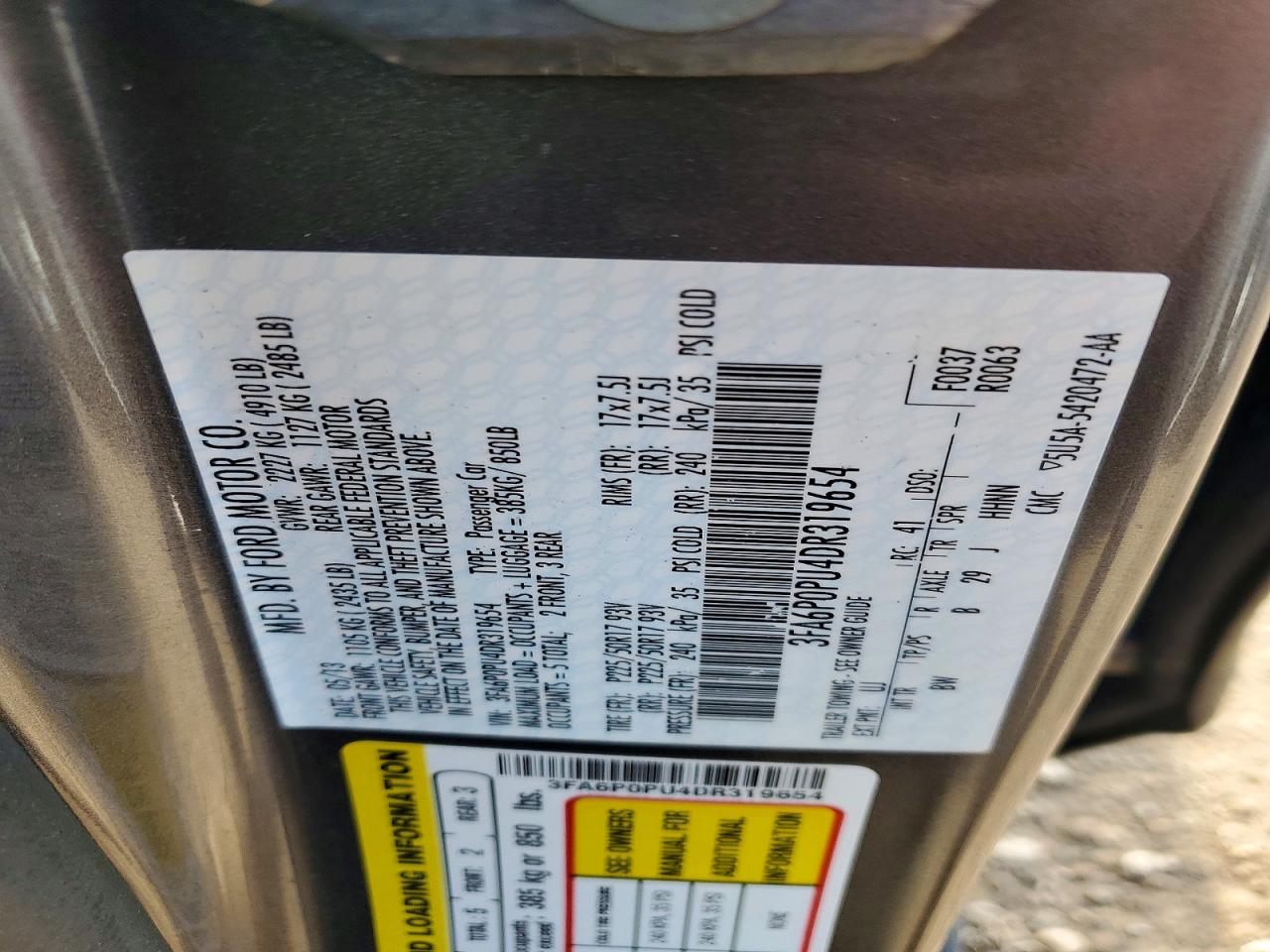 2013 Ford Fusion Se Phev Gray vin: 3FA6P0PU4DR319654