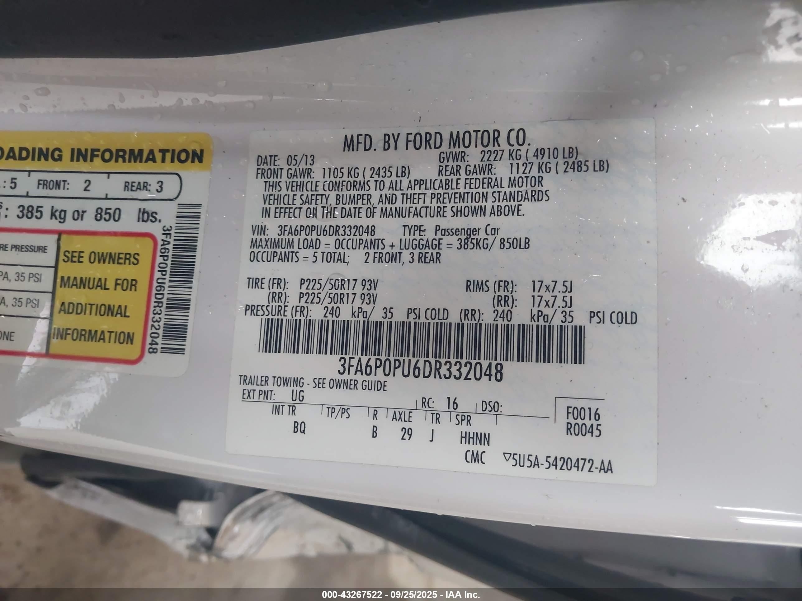 2013 Ford Fusion Energi Se Luxury Cream vin: 3FA6P0PU6DR332048