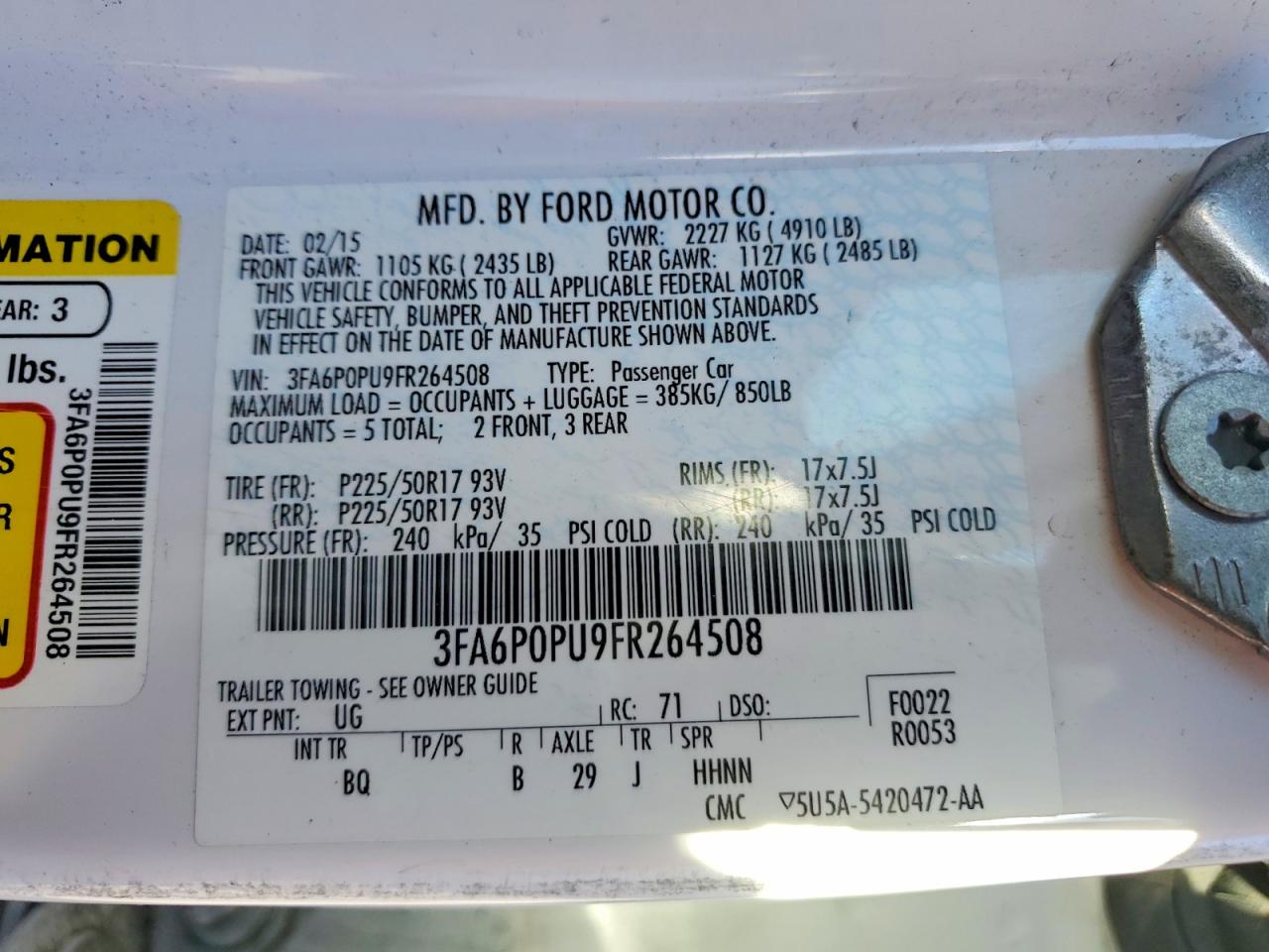 2015 Ford Fusion White vin: 3FA6P0PU9FR264508