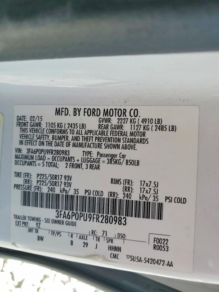 2015 Ford Fusion Se Phev White vin: 3FA6P0PU9FR280983