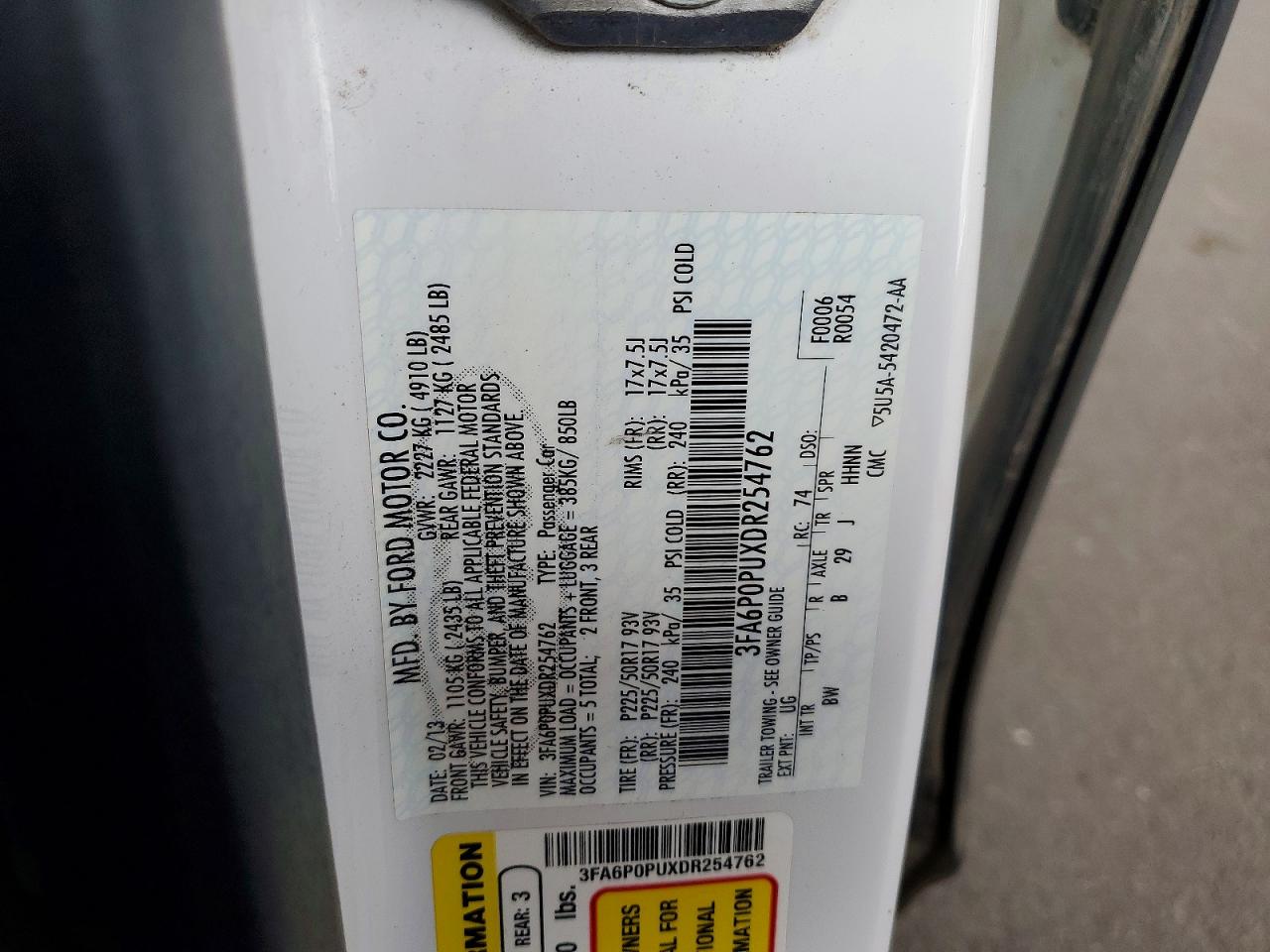 2013 Ford Fusion Se Phev White vin: 3FA6P0PUXDR254762